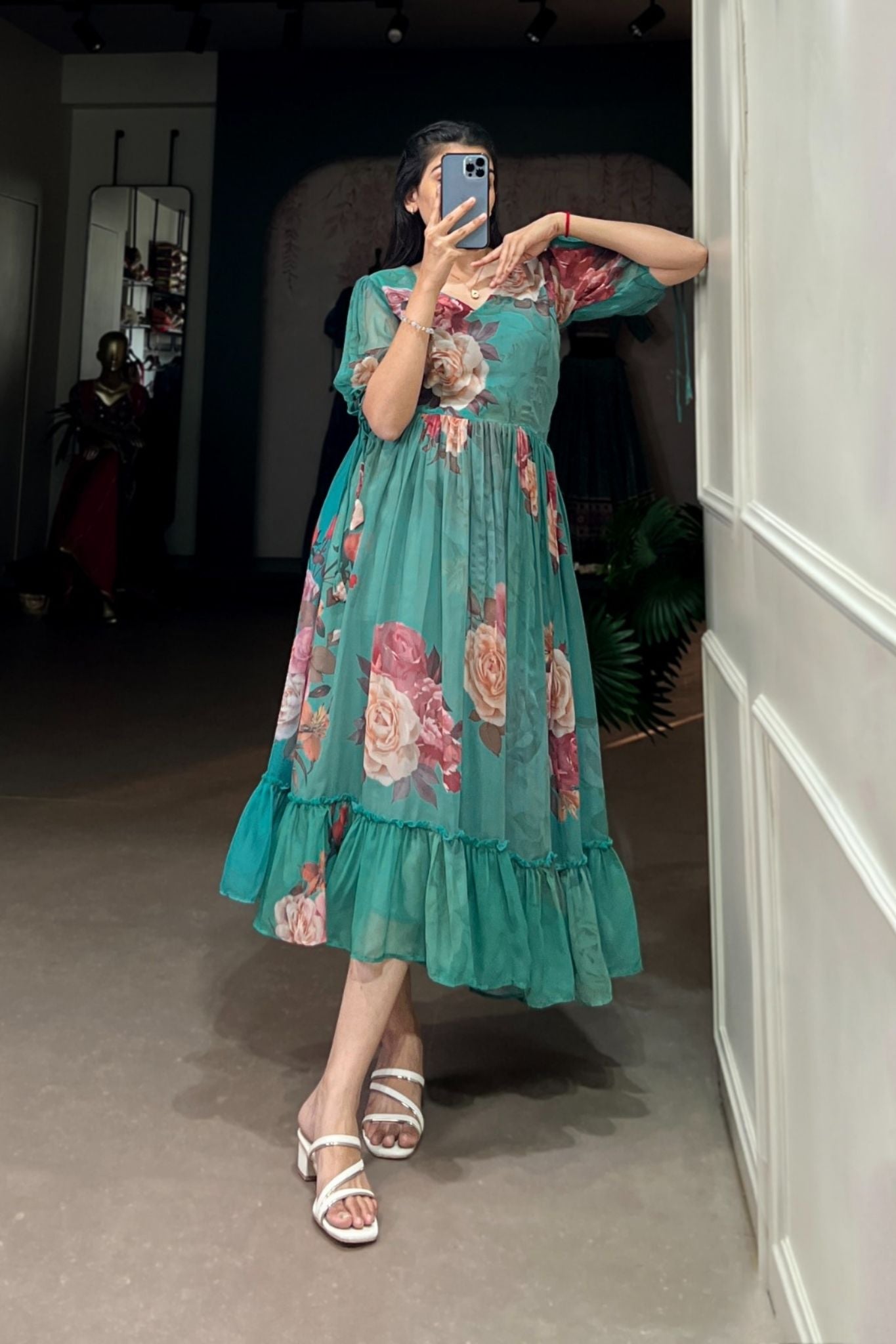 Green Floral Printed Georgette Dress