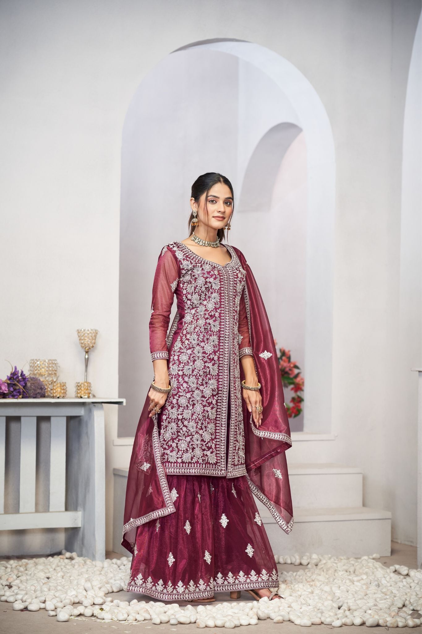 Purple Sequins Embroidered With Real Mirror Work Sharara Set Of 3