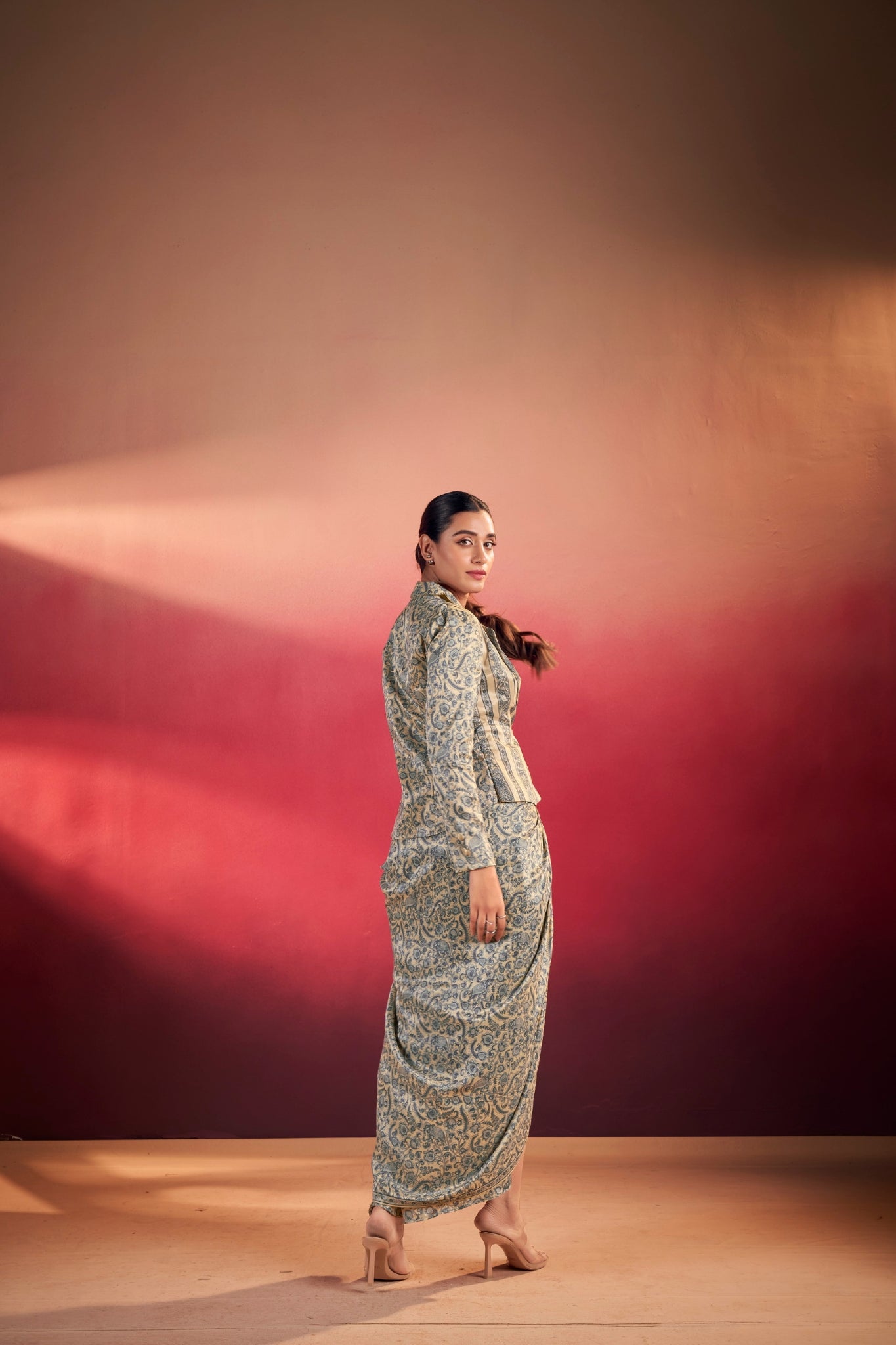 Premium Printed Tasar Silk Co-Ord Set With Draped Skirt & Tailored Jacket