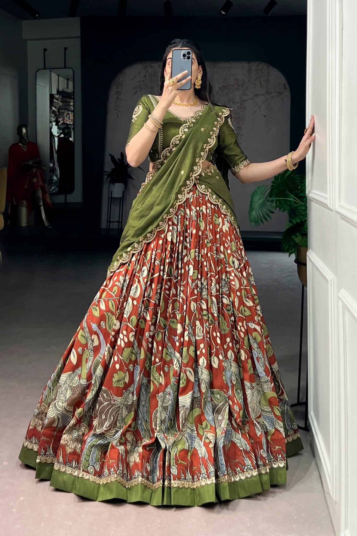Premium Kalamkari Tasar Silk Lehenga Choli With Embroidered Dupatta