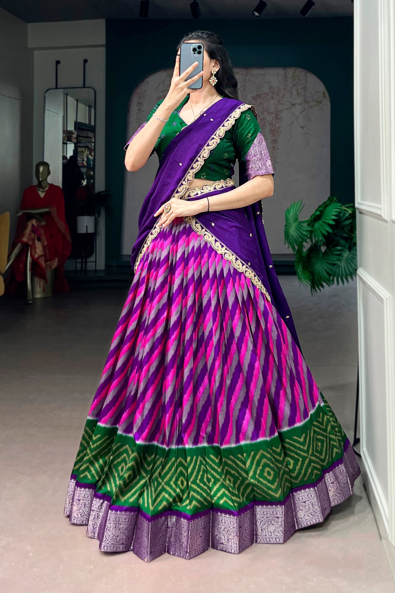 Designer Tasar Silk Leheriya Print Lehenga Choli