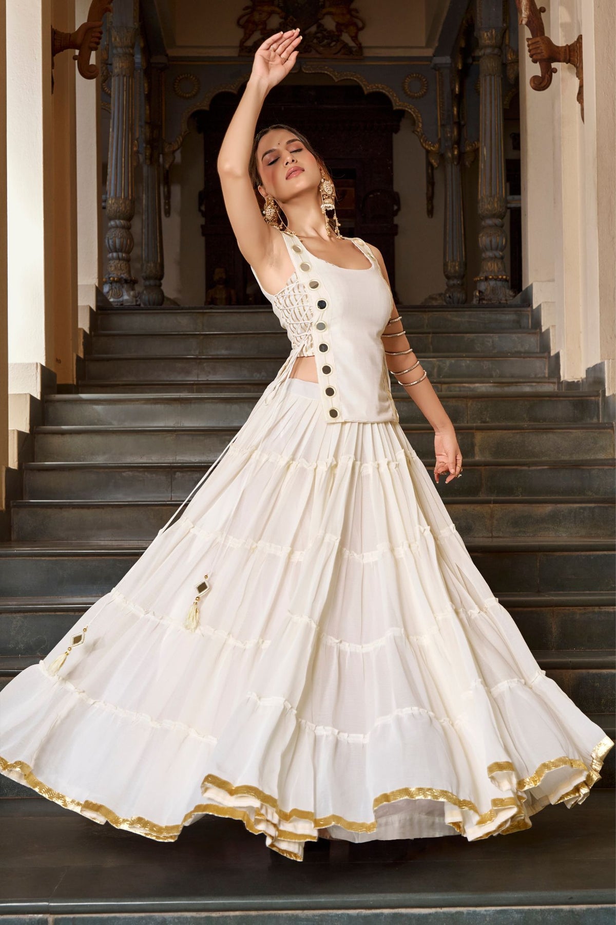 14 Meter Full Gher Navratri Showstopper Lehenga Choli With Mirror Koti
