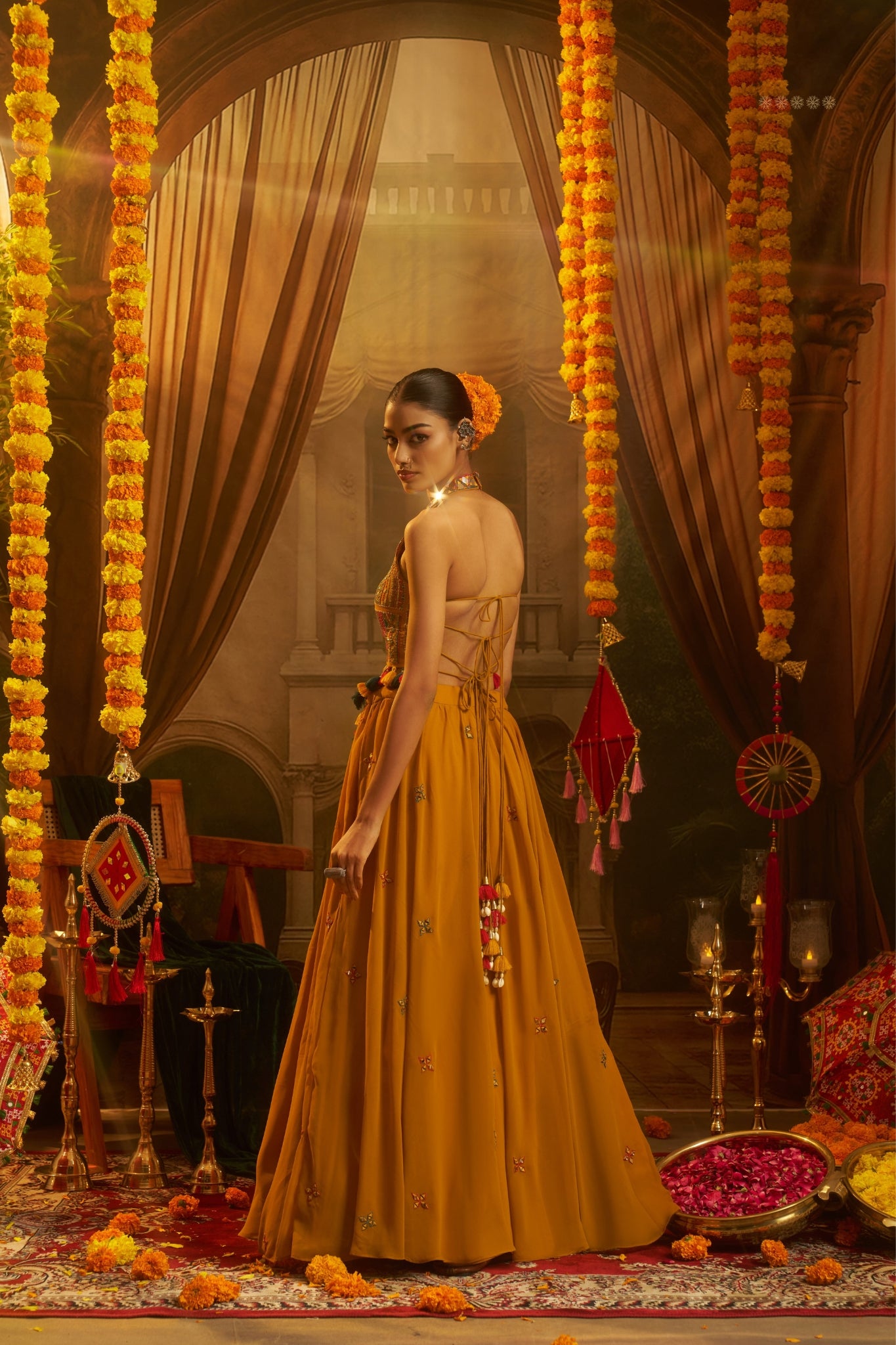 Raasrang Mustard Yellow Georgette Designer Lehenga Choli With Mirror Work Halter Blouse