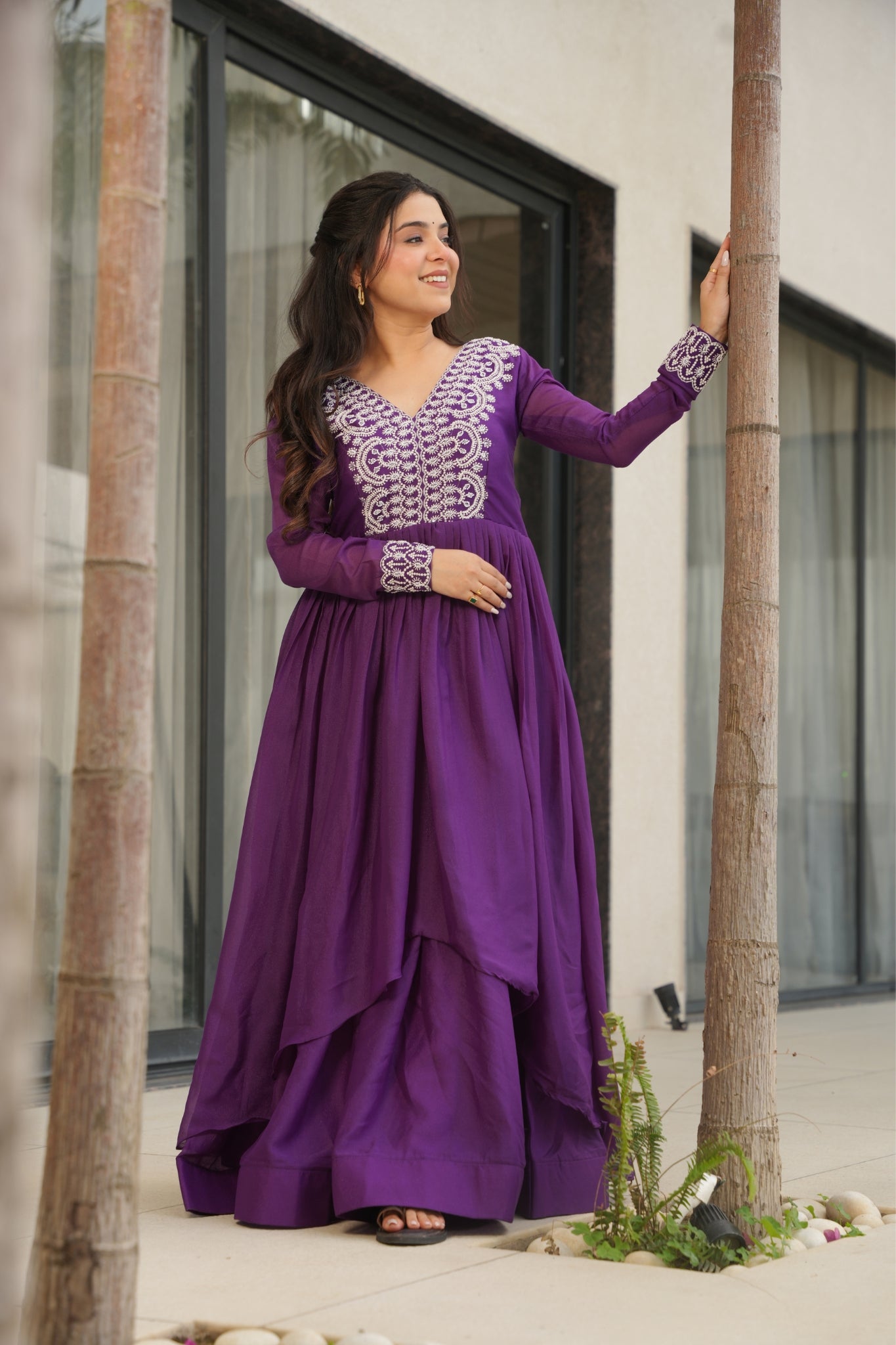 Georgette Embroidered Beads Sequins Work Double Flair Wedding Stylish Gown
