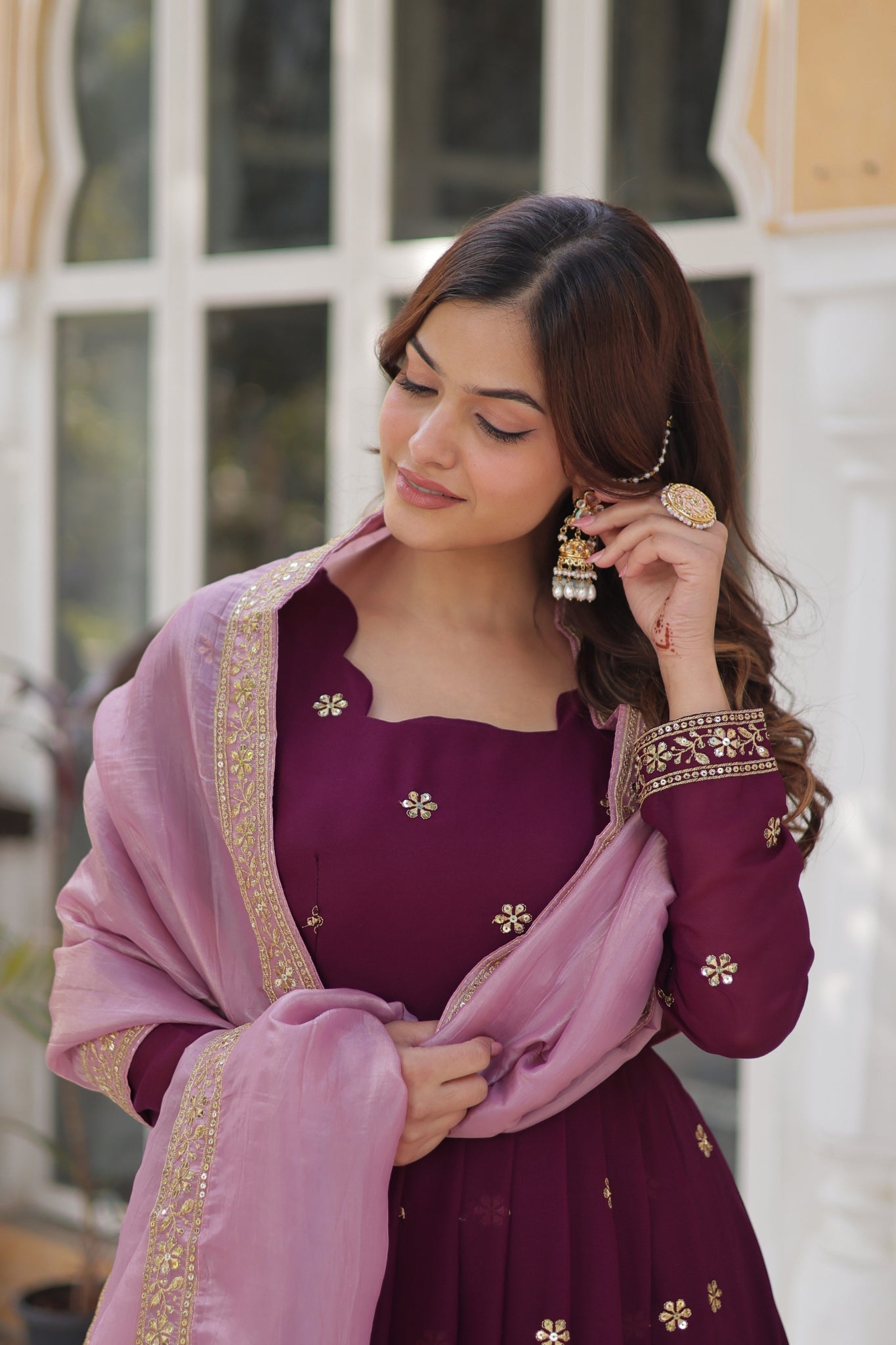 Plum Embroidered Georgette Anarkali Set