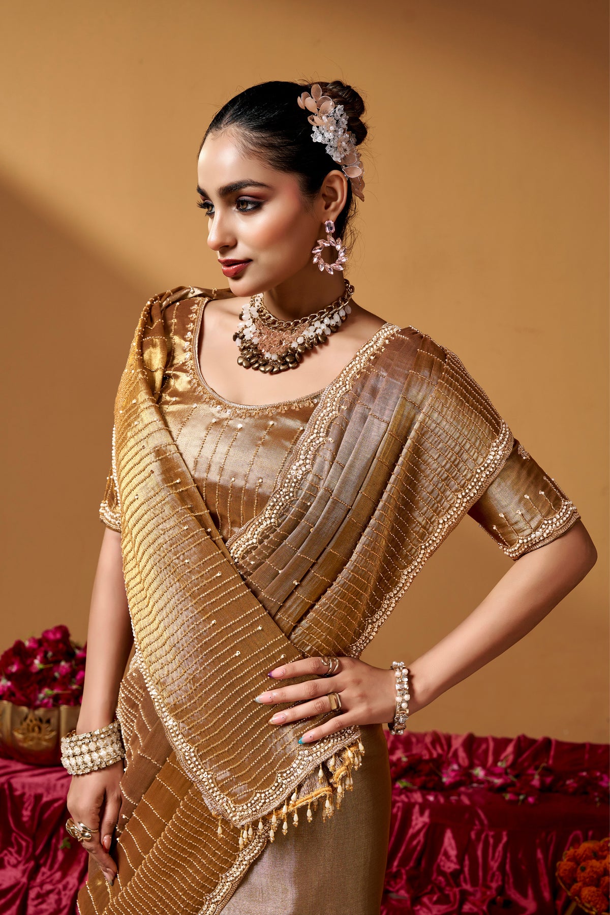 Kanjivaram Zari Tissue Designer Hand Embroider And Tube Beads Wedding Saree