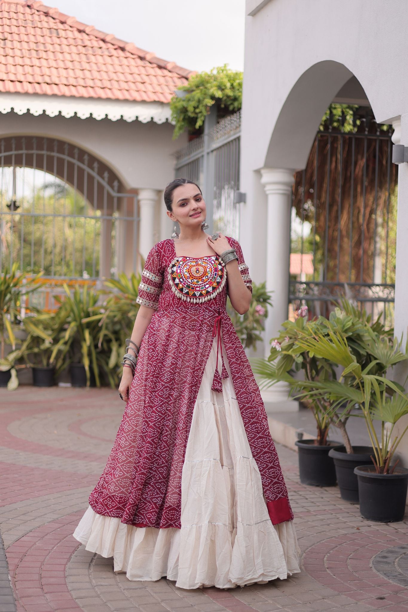 Raasrang Navratri Designer Kora Cotton Lehenga With Kutchi Patchwork Bandhani Print Kurti For Garba & Dandiya