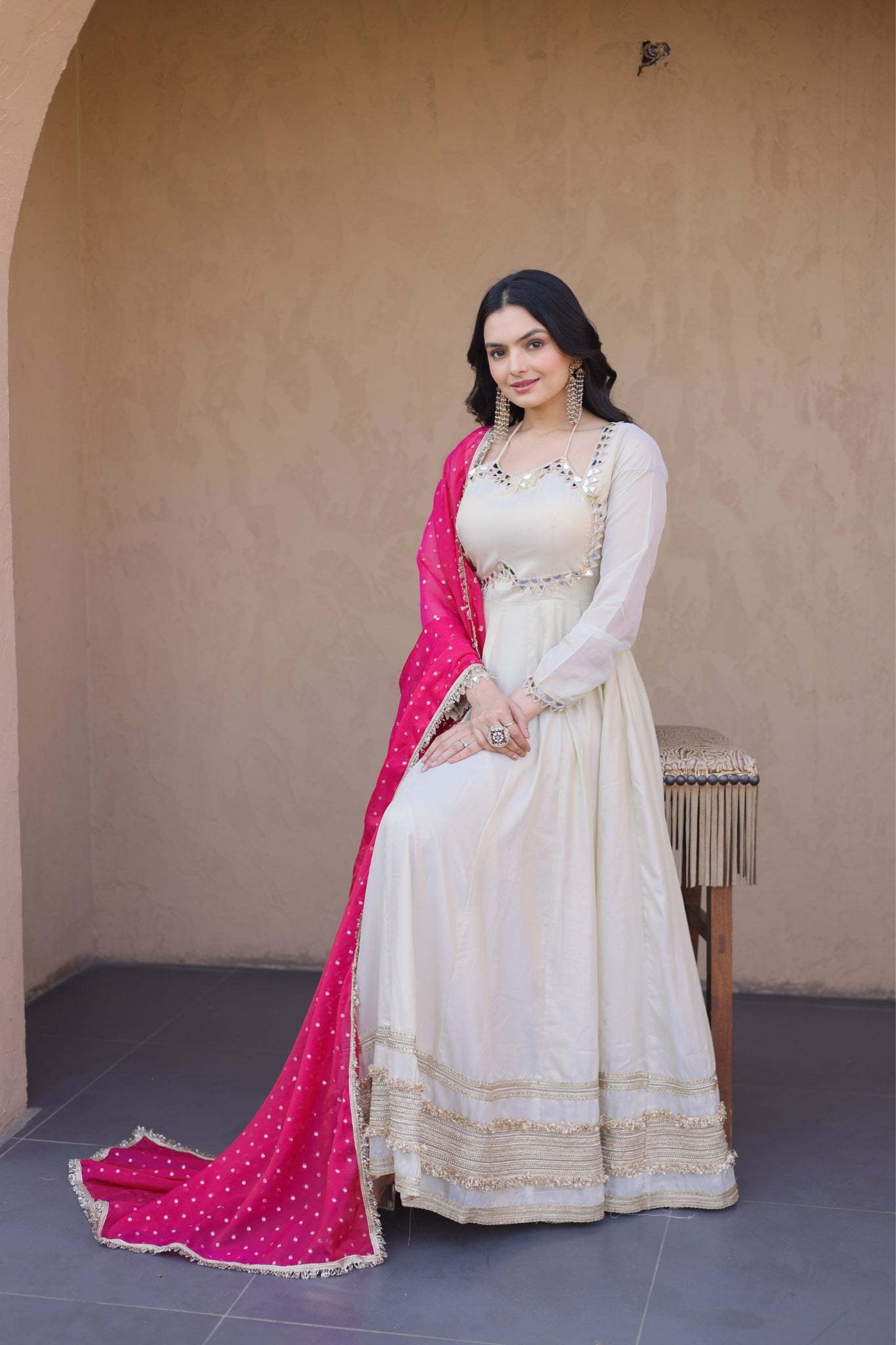 Cosmos Real Mirror Work Designer Embroidered Anarkali Gown With Dupatta