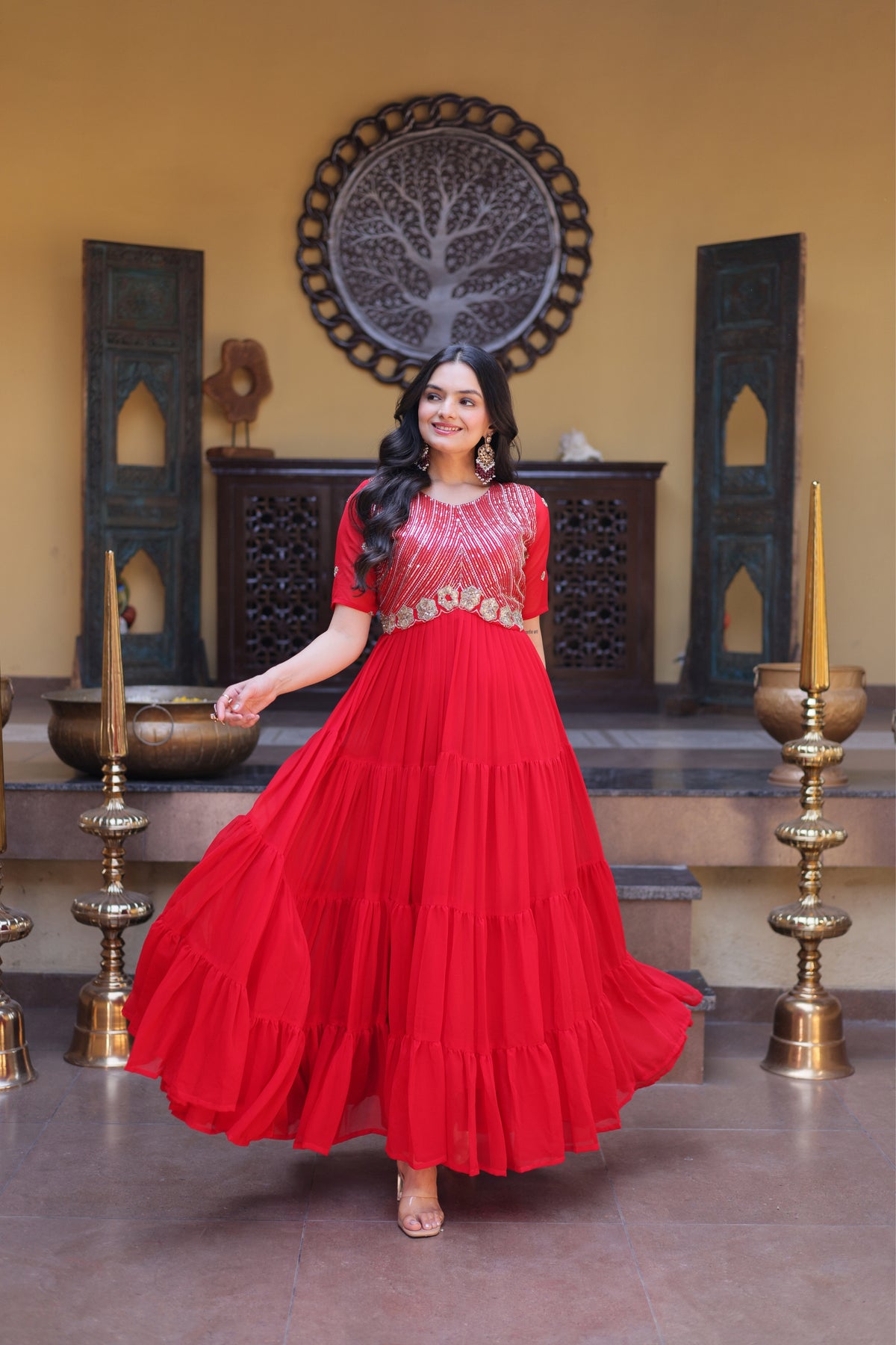Rani Pink & Red Faux Blooming Designer Sequins Embroidered Tiered Flared Anarkali Gown