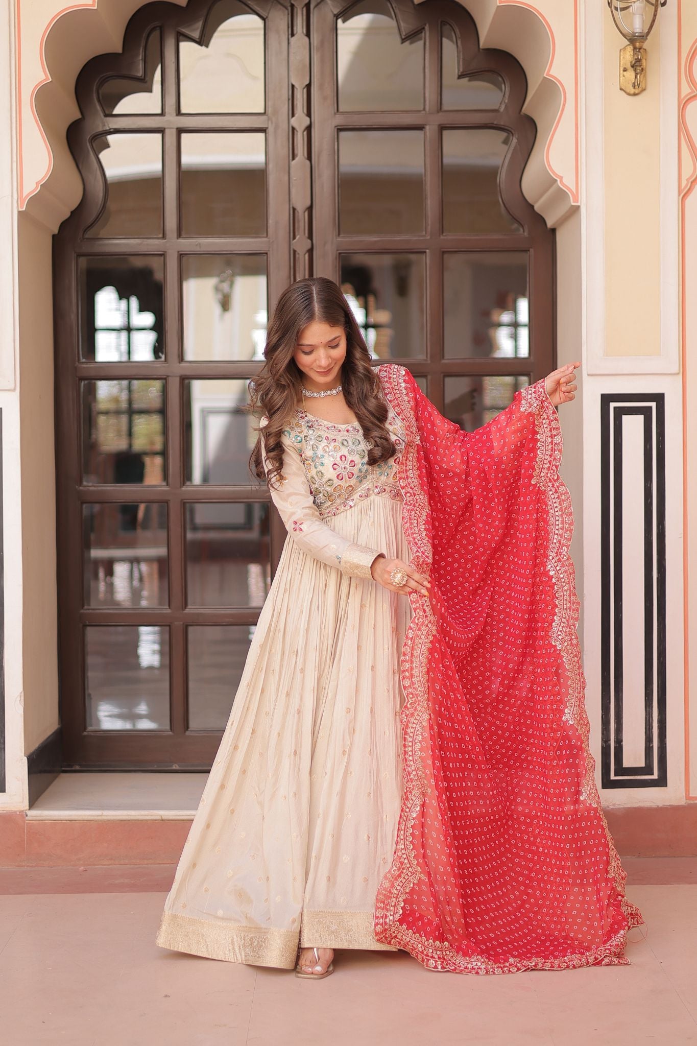 Cosmos Weaving Jacquard Crafted Pearl beads Embroidered Work Gown With Dupatta