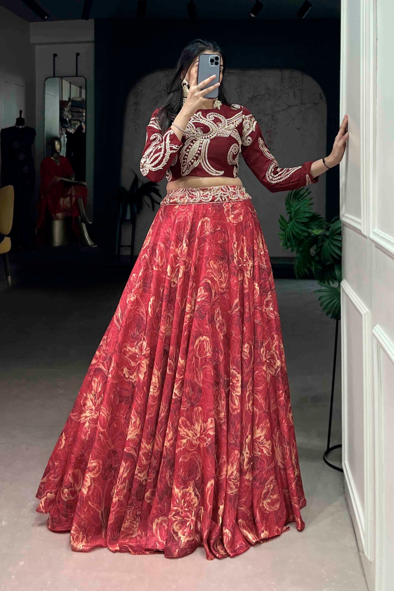 Floral Printed Tasar Silk Lehenga Choli
