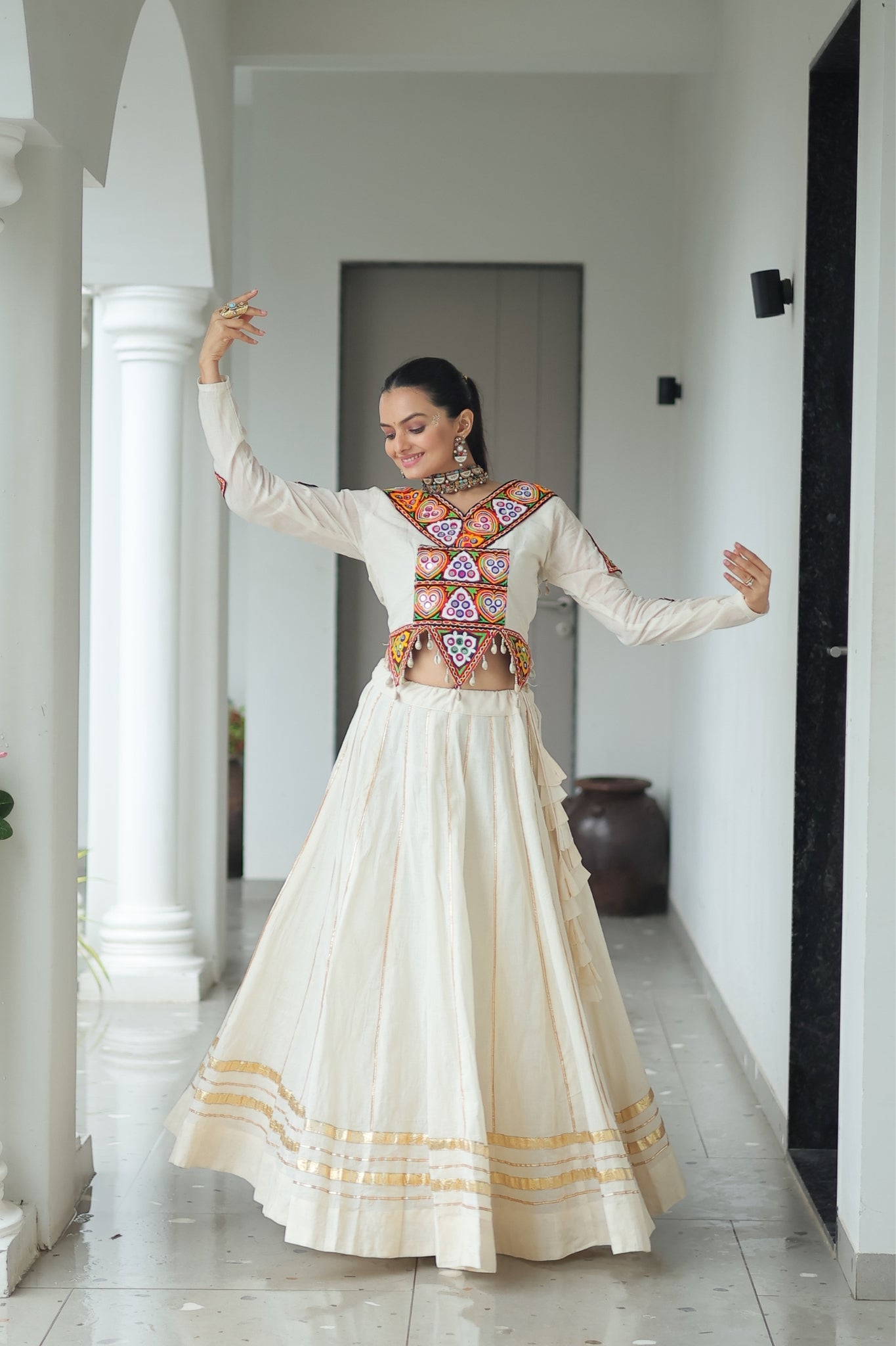 Off White Cotton Kutchi Gamthi Work With Gota Patti Lace Touch up Navratri Designer Lehenga choli