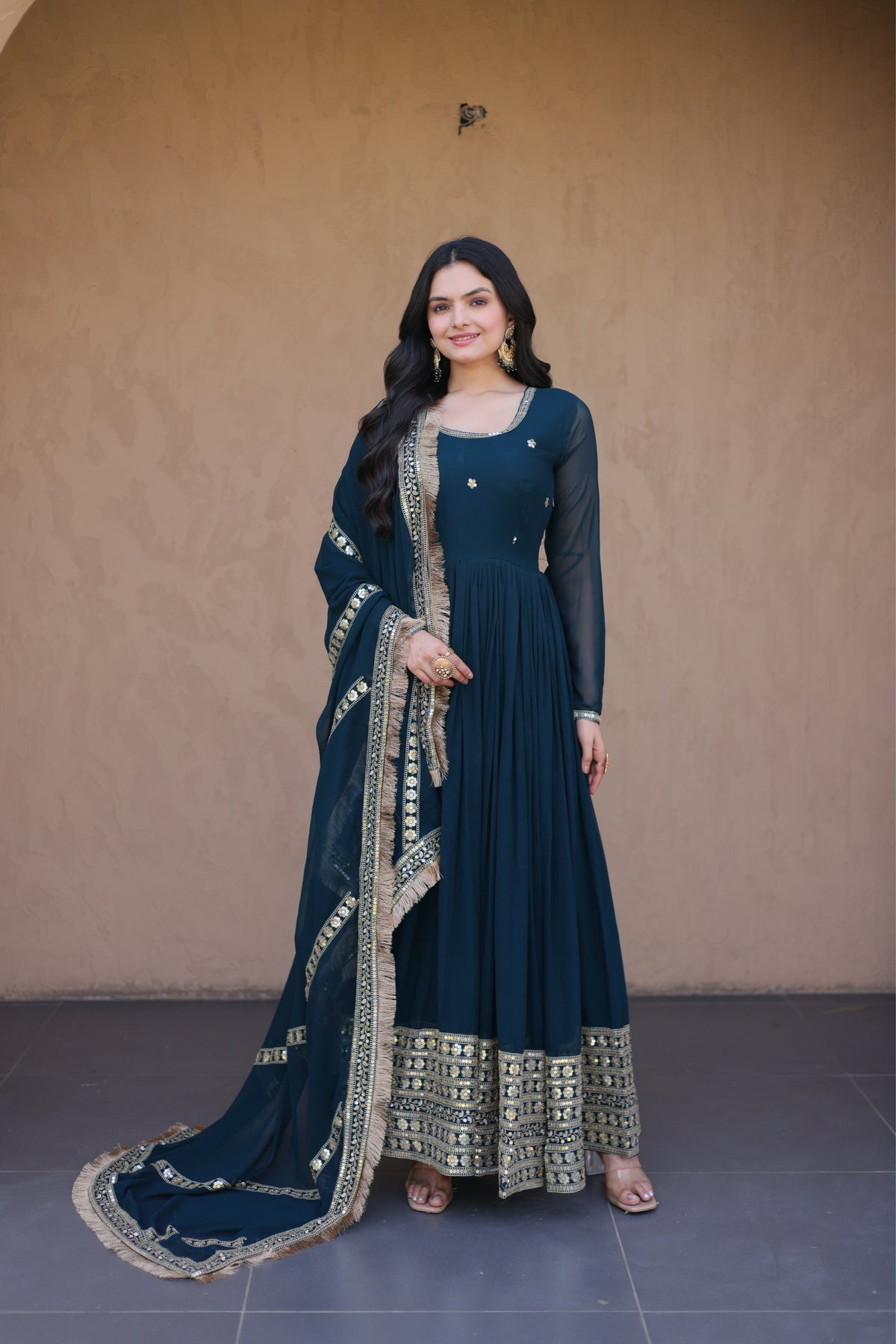 Designer Faux Blooming Anarkali Gown With Dupatta Set