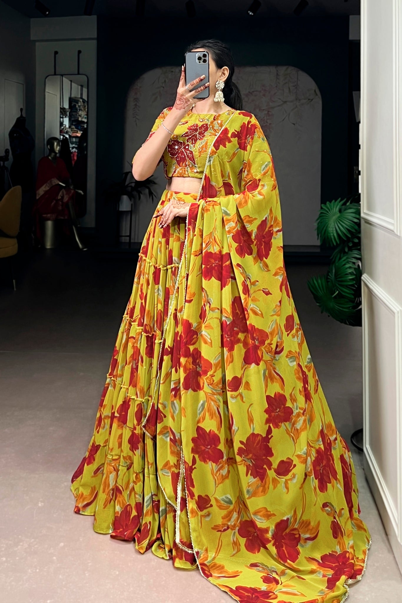 Floral Marble Print Lehenga Choli Set For Women