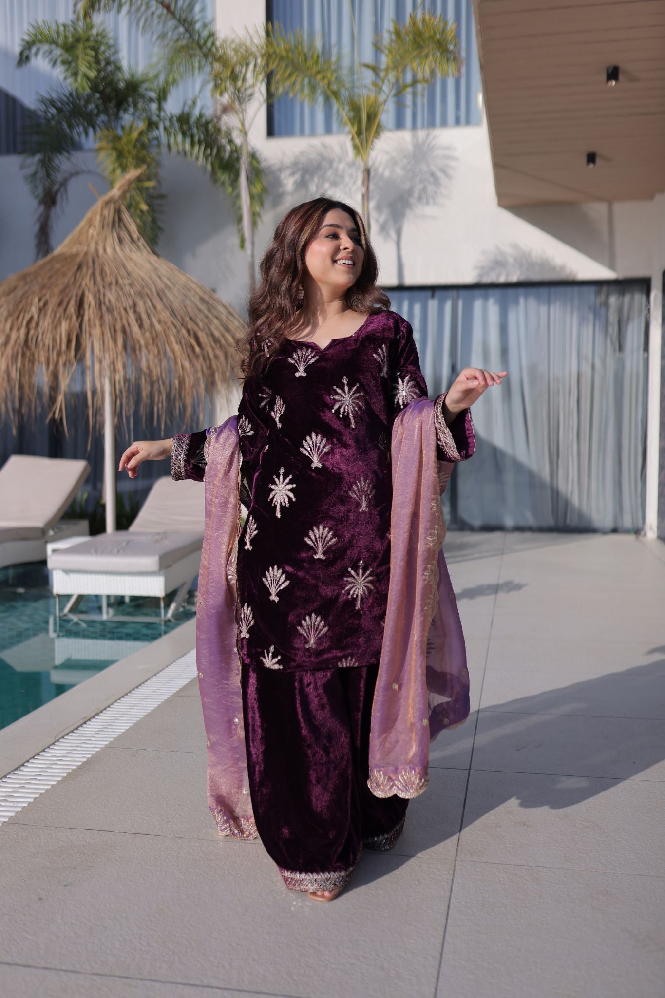 Royal Plum Ice Velvet Zari Embroidered Kurta Palazzo Set With Designer Dupatta