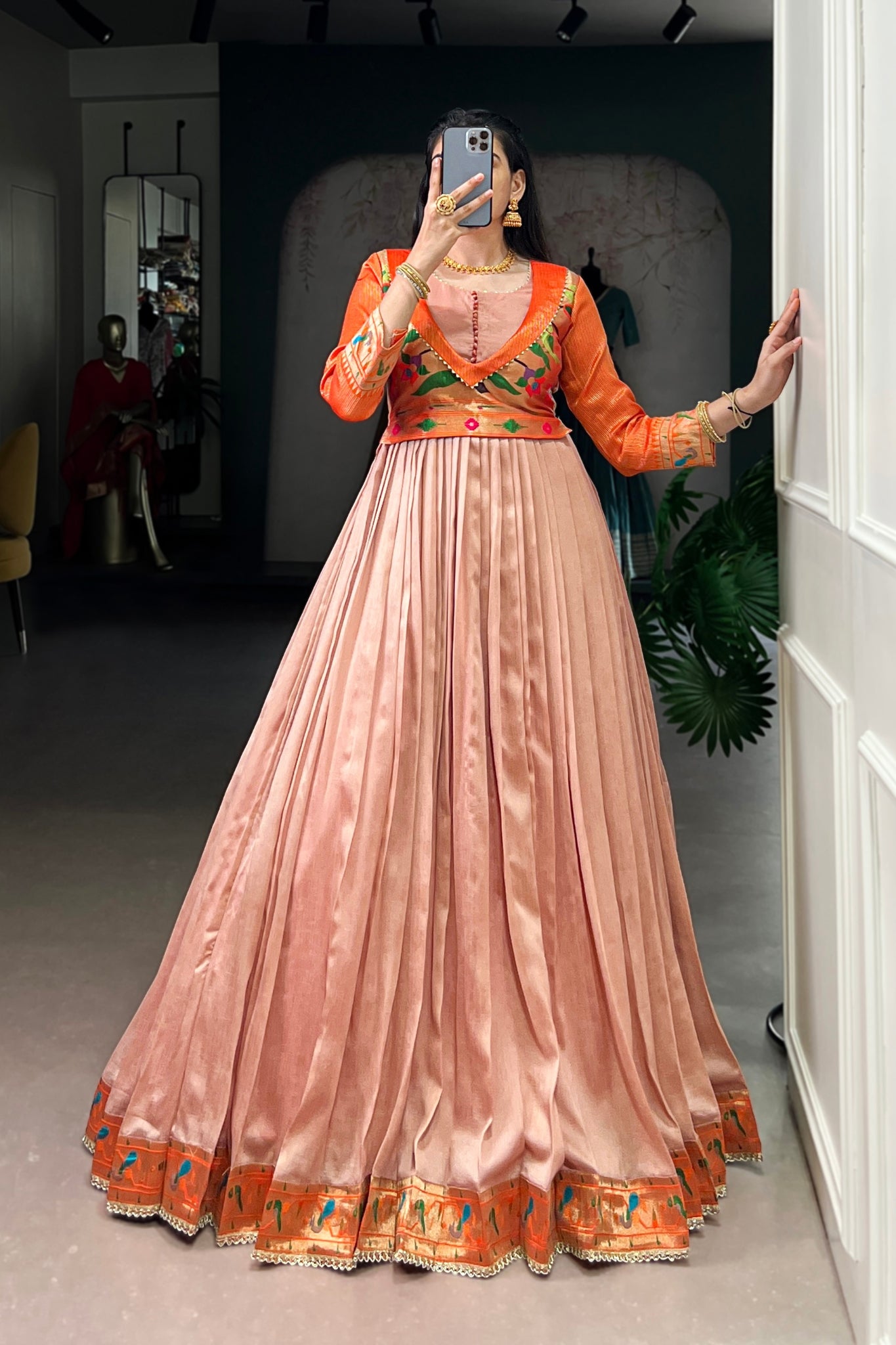 Peach Vichitra Silk Zari Woven Flared Dress With Lace Detailing