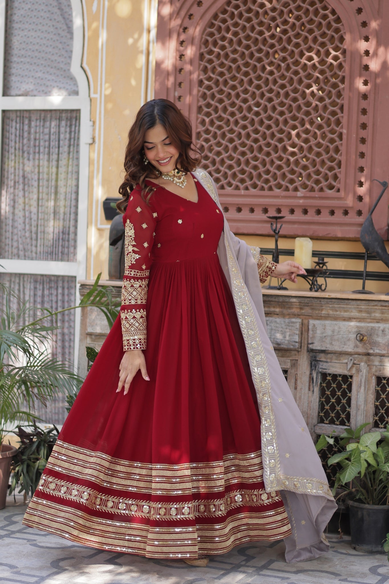 Traditional Maroon Embroidery Sequins Work Anarkali Suit Set