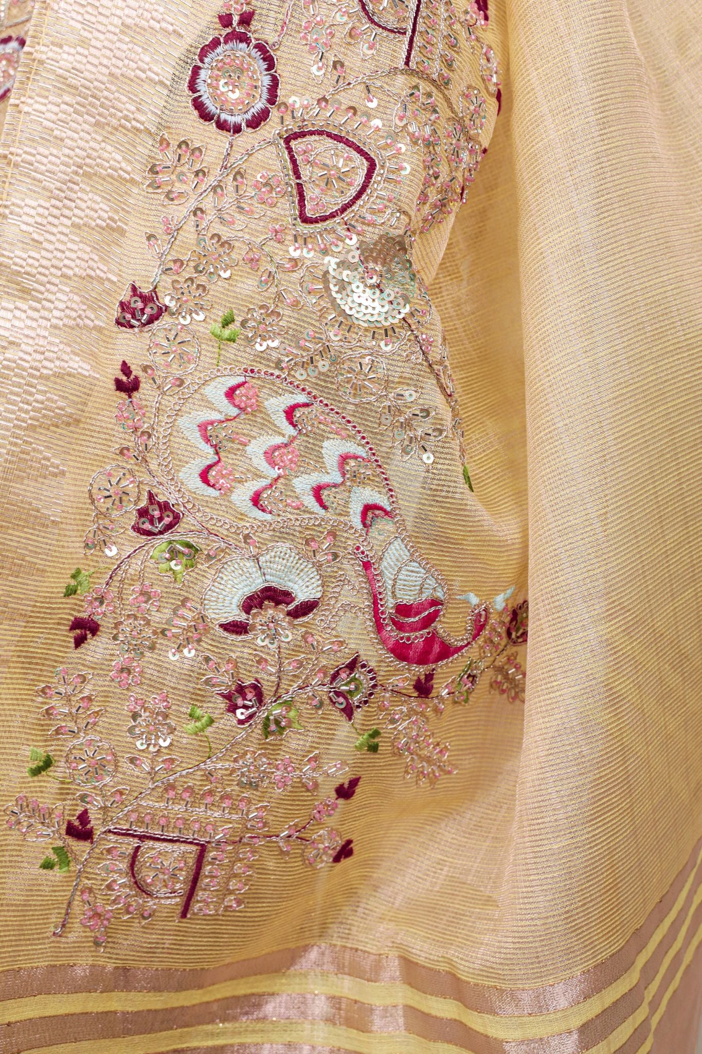 Premium Zari Kota Tissue Saree | Embroidery Beads Work Zari Weaving Border