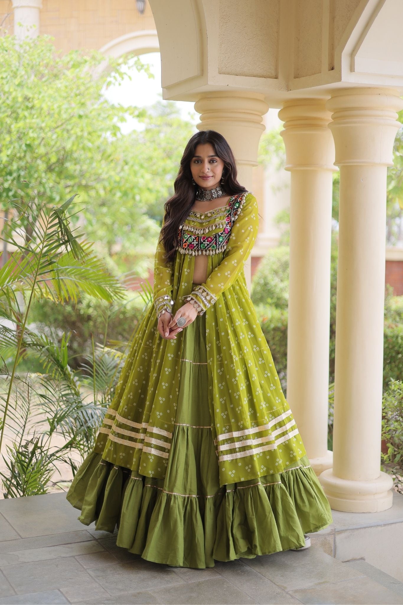 Raasrang Special Navratri Designer Kora Cotton Bandhani Print with Kutchi Patchwork Lehenga Choli