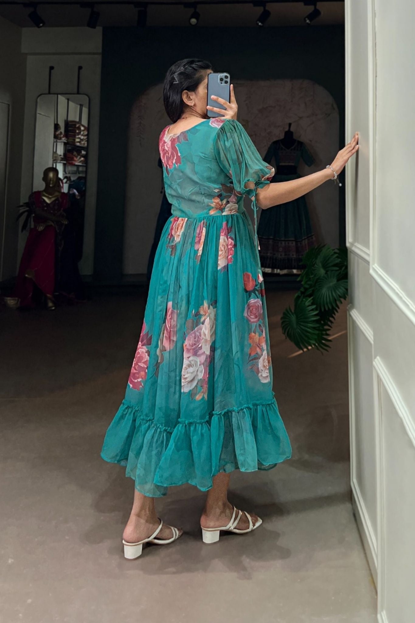Green Floral Printed Georgette Dress