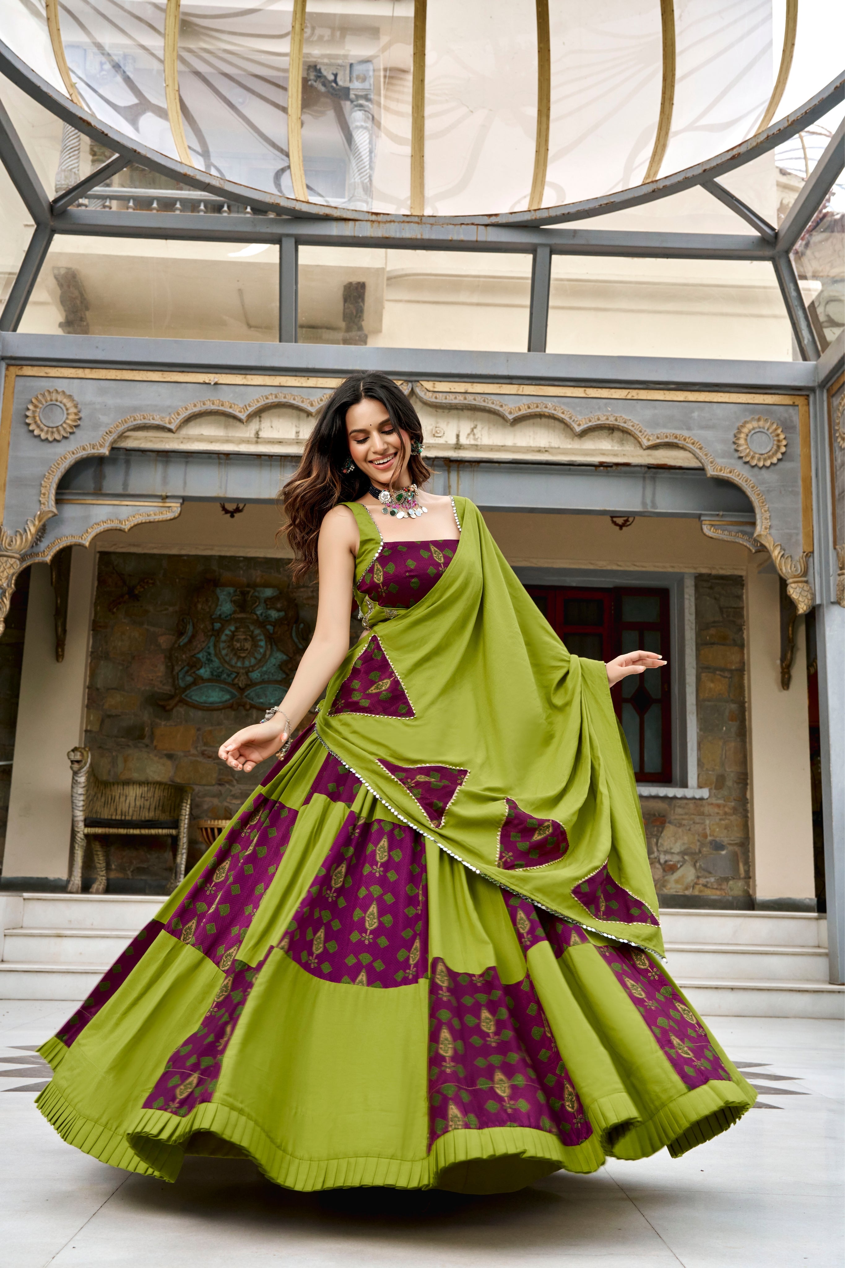 Designer Raasrang Special Green & Wine Pure Rayon Lehenga Choli With Gotta Patti Mirror Work