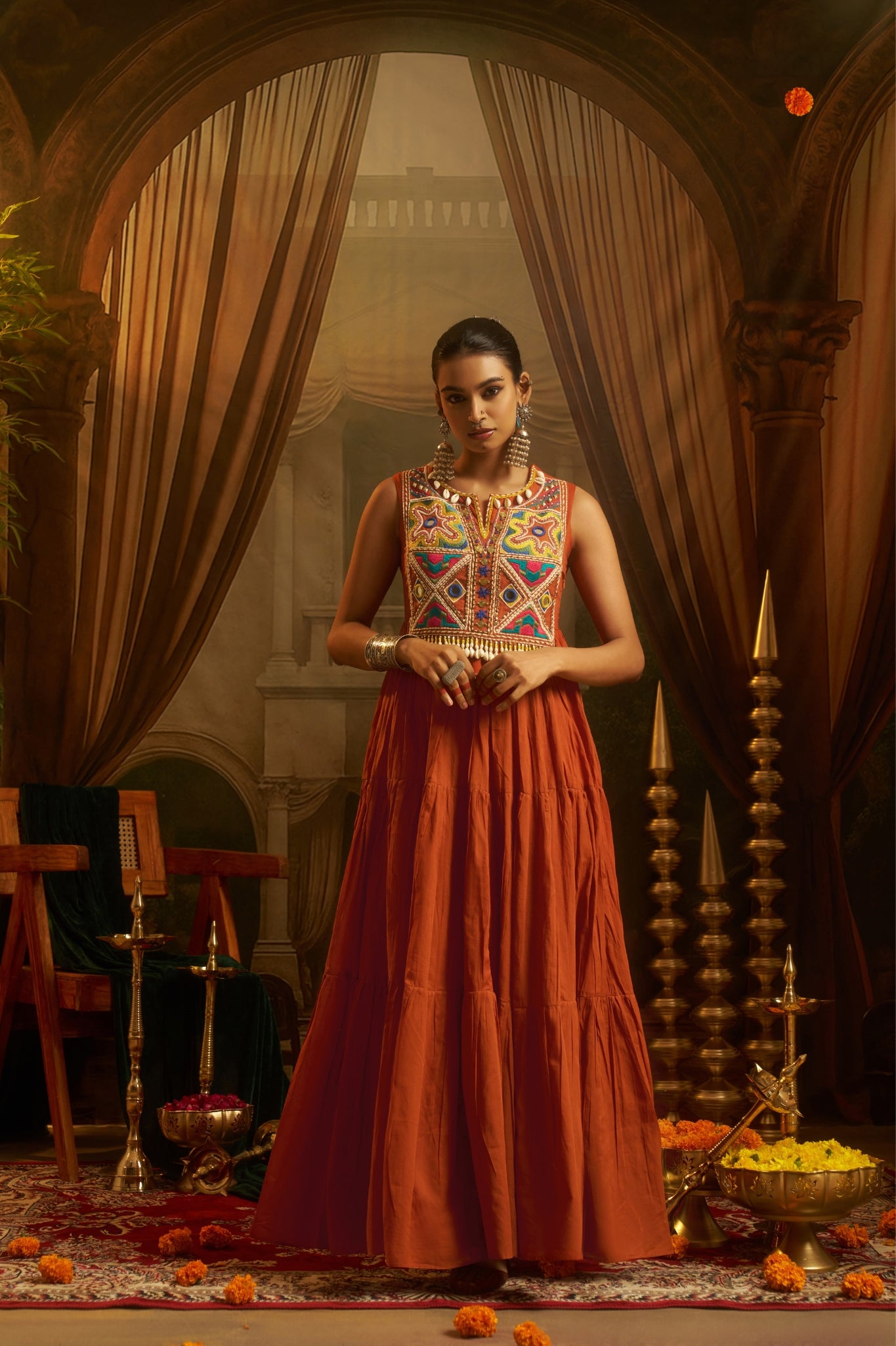 Rust Orange Tiered Anarkali Dress With Hand Embroidered Yoke & Cowrie Shell Fringe