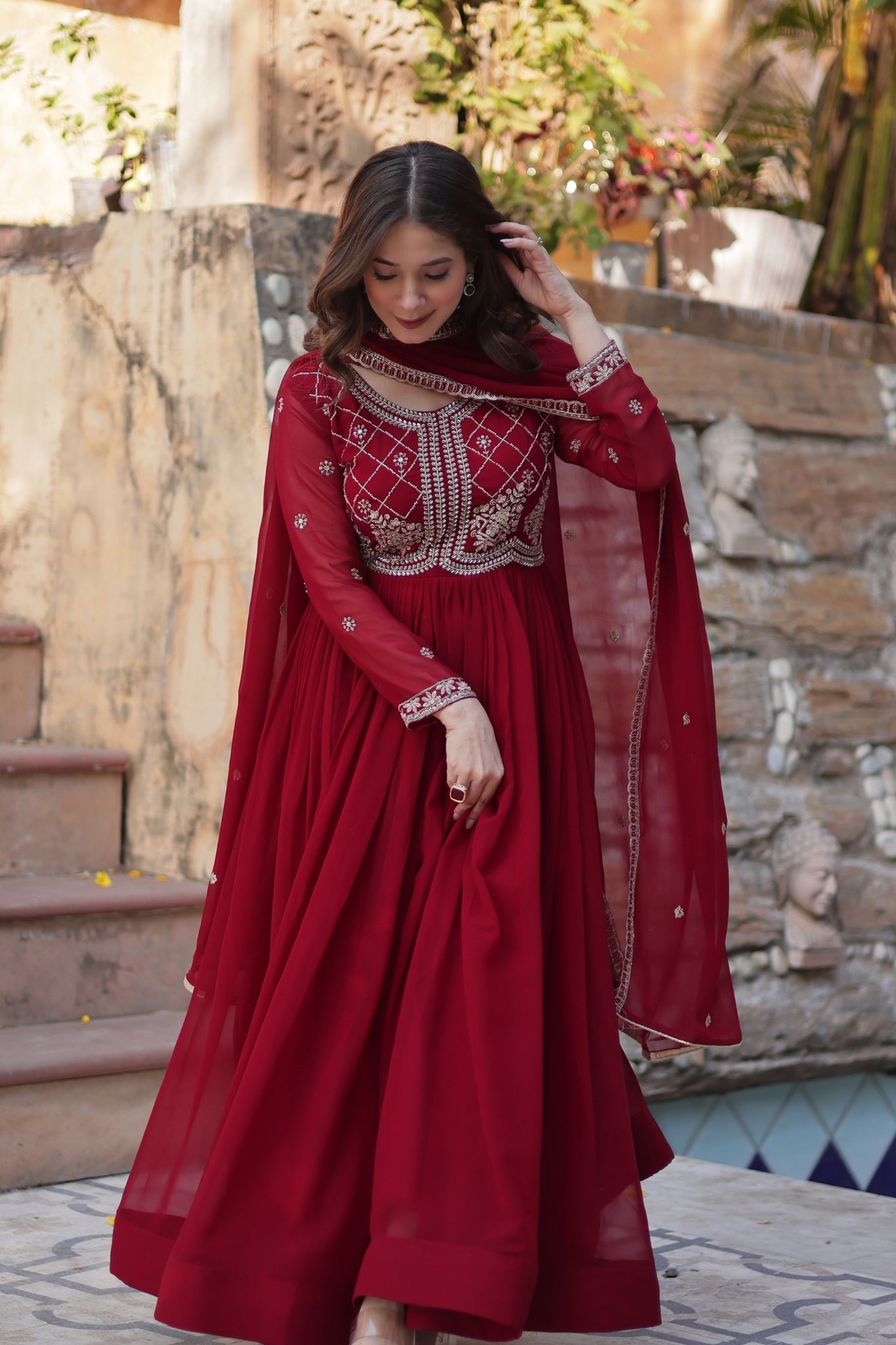 Designer Beads Embroidered Work Beautiful Wedding Gown With Dupatta Set