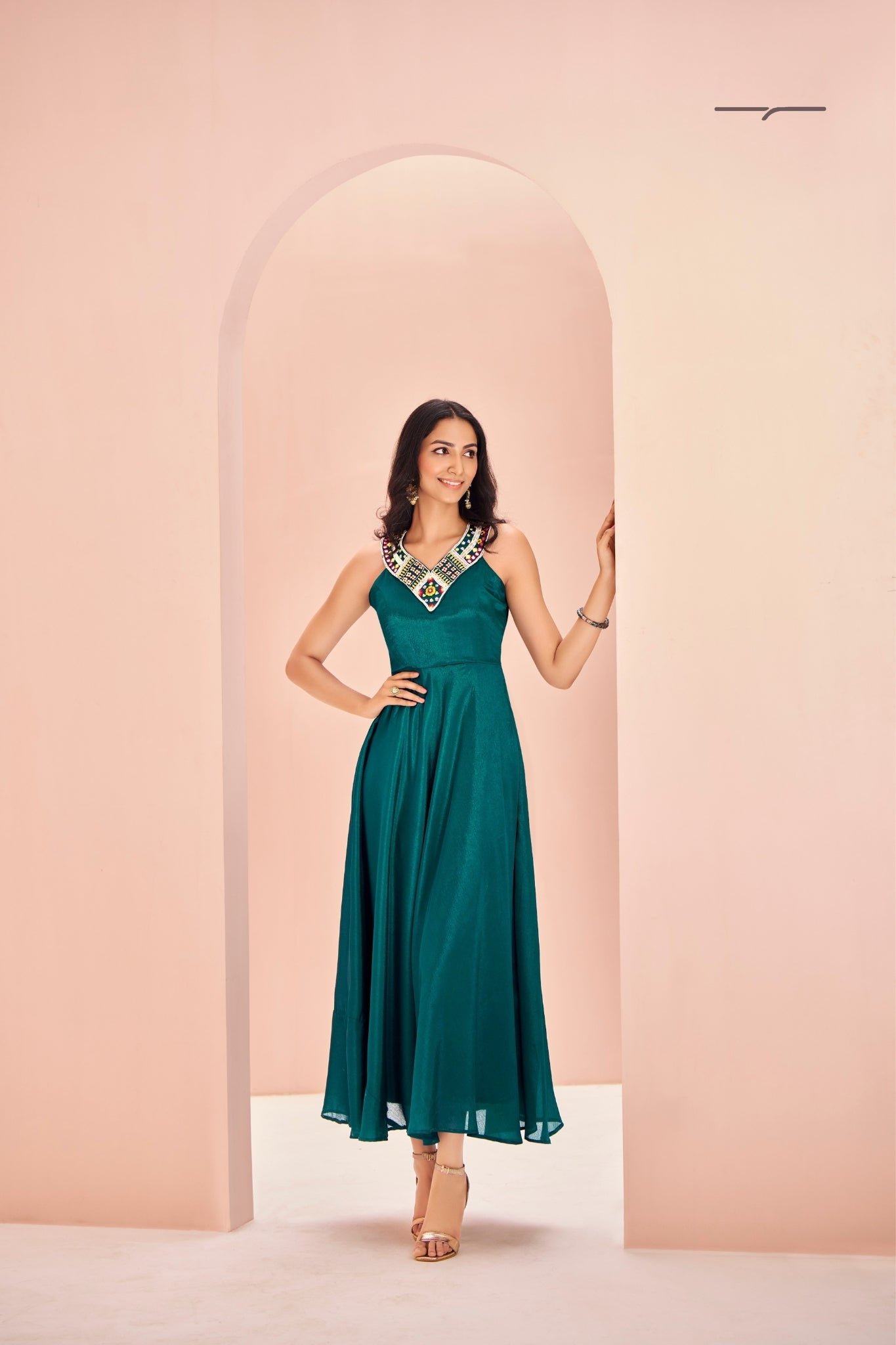 Teal Symphony Hand-Embroidered Chinon Dress