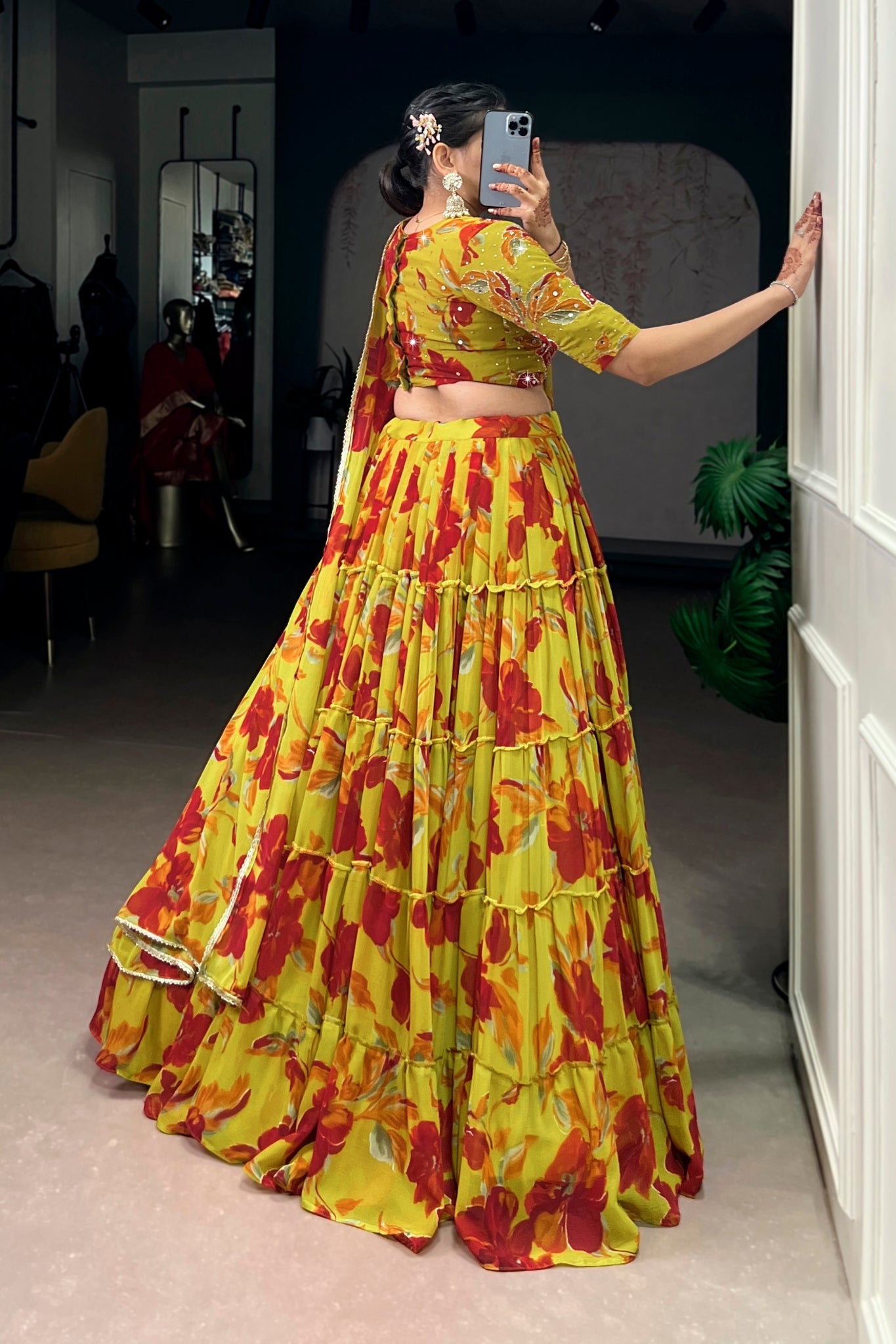 Floral Marble Print Lehenga Choli Set For Women