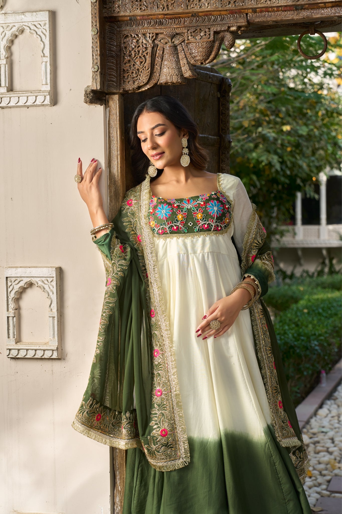 Designer Mul Chanderi Anarkali Suit Set With Palazzo Dupatta For Women