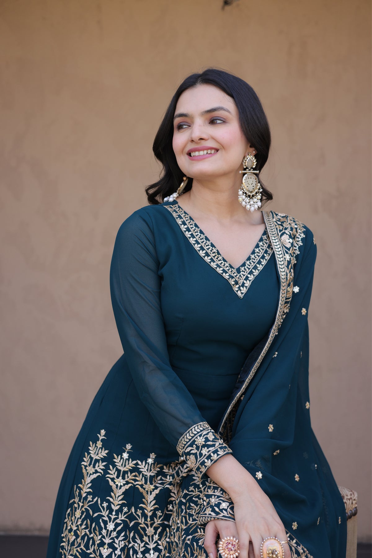 Designer Multi-Sequins Embroidered Anarkali Gown Set With Pant & Dupatta