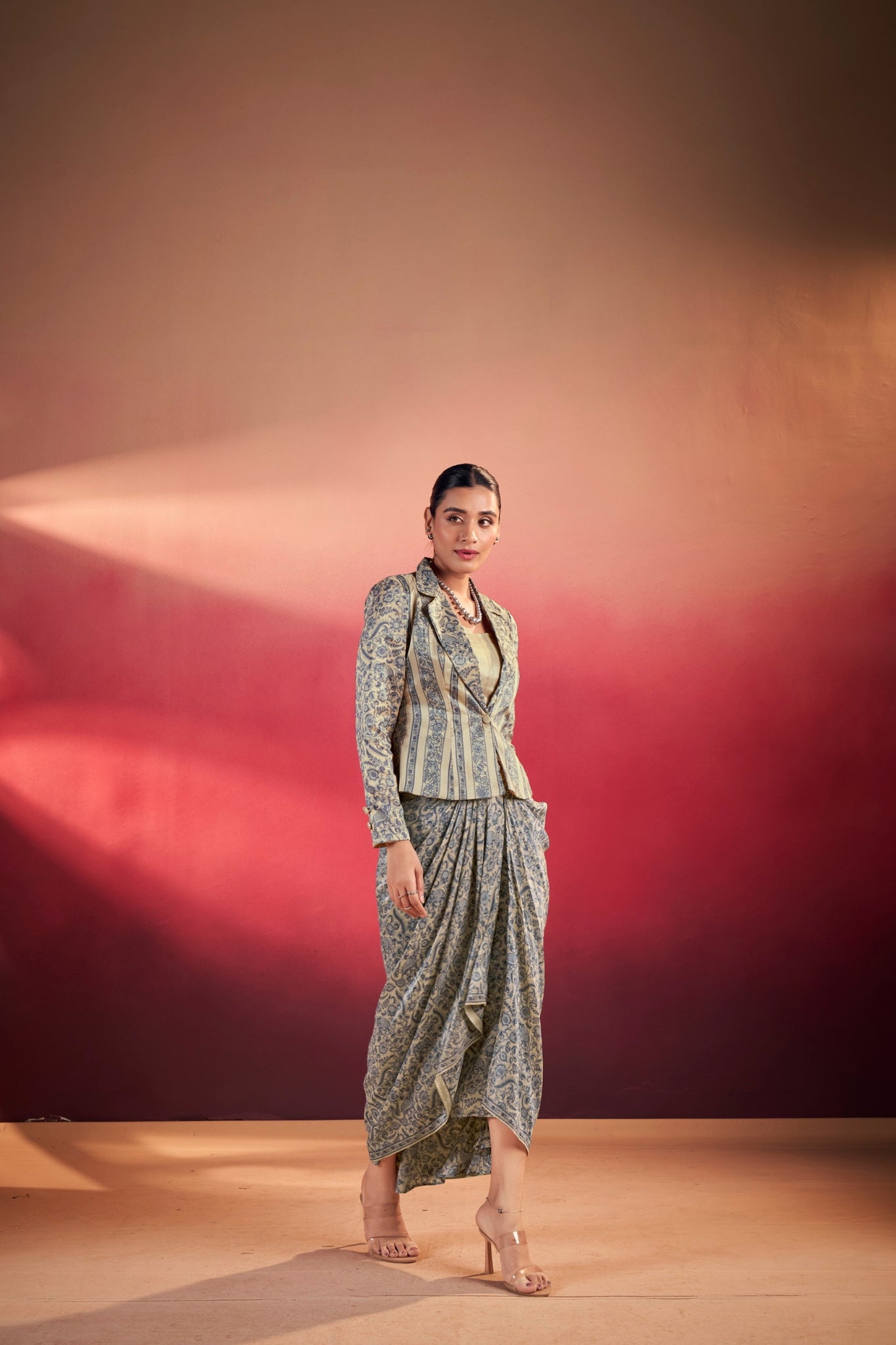 Premium Printed Tasar Silk Co-Ord Set With Draped Skirt & Tailored Jacket