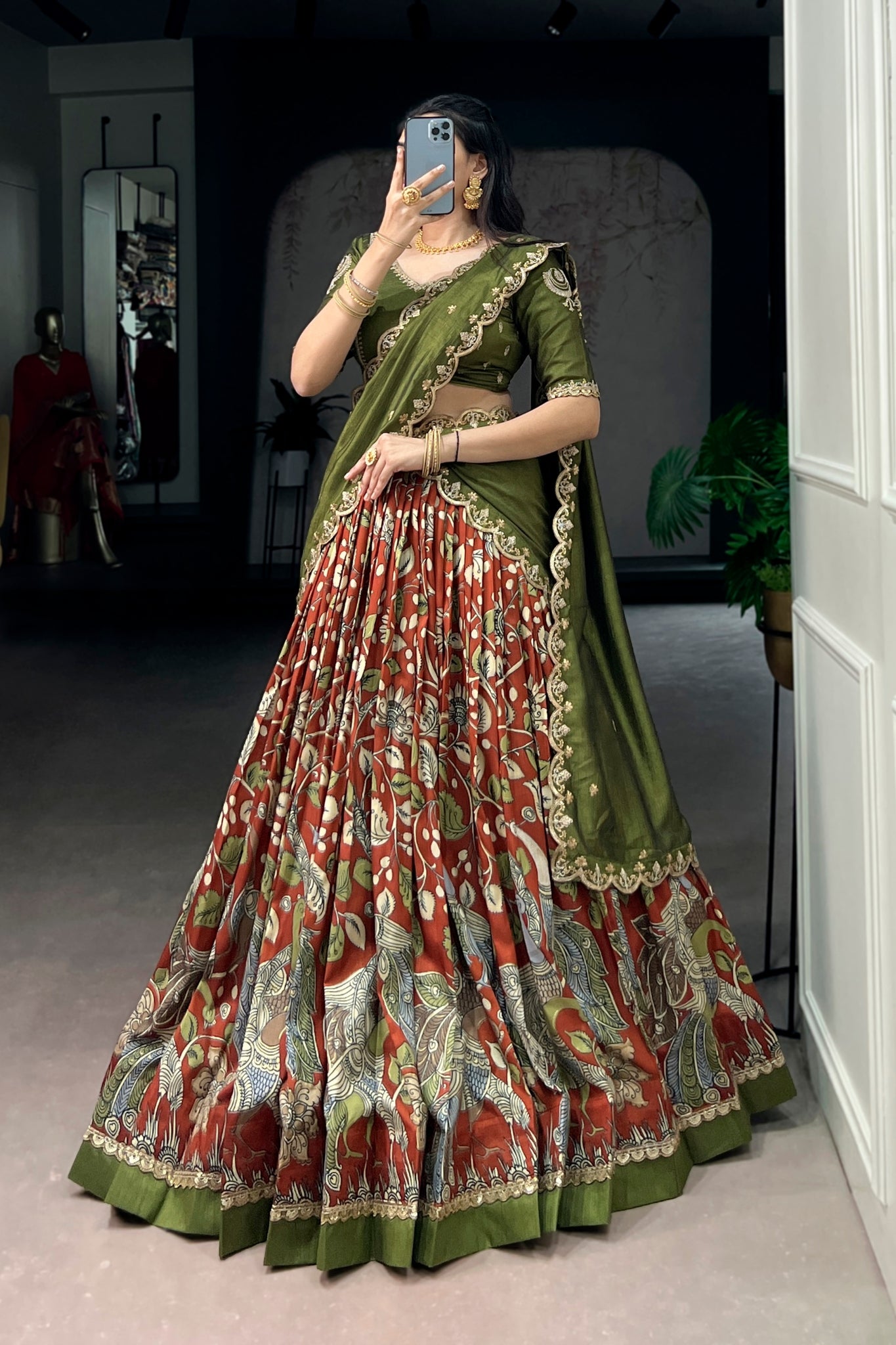 Premium Kalamkari Tasar Silk Lehenga Choli With Embroidered Dupatta