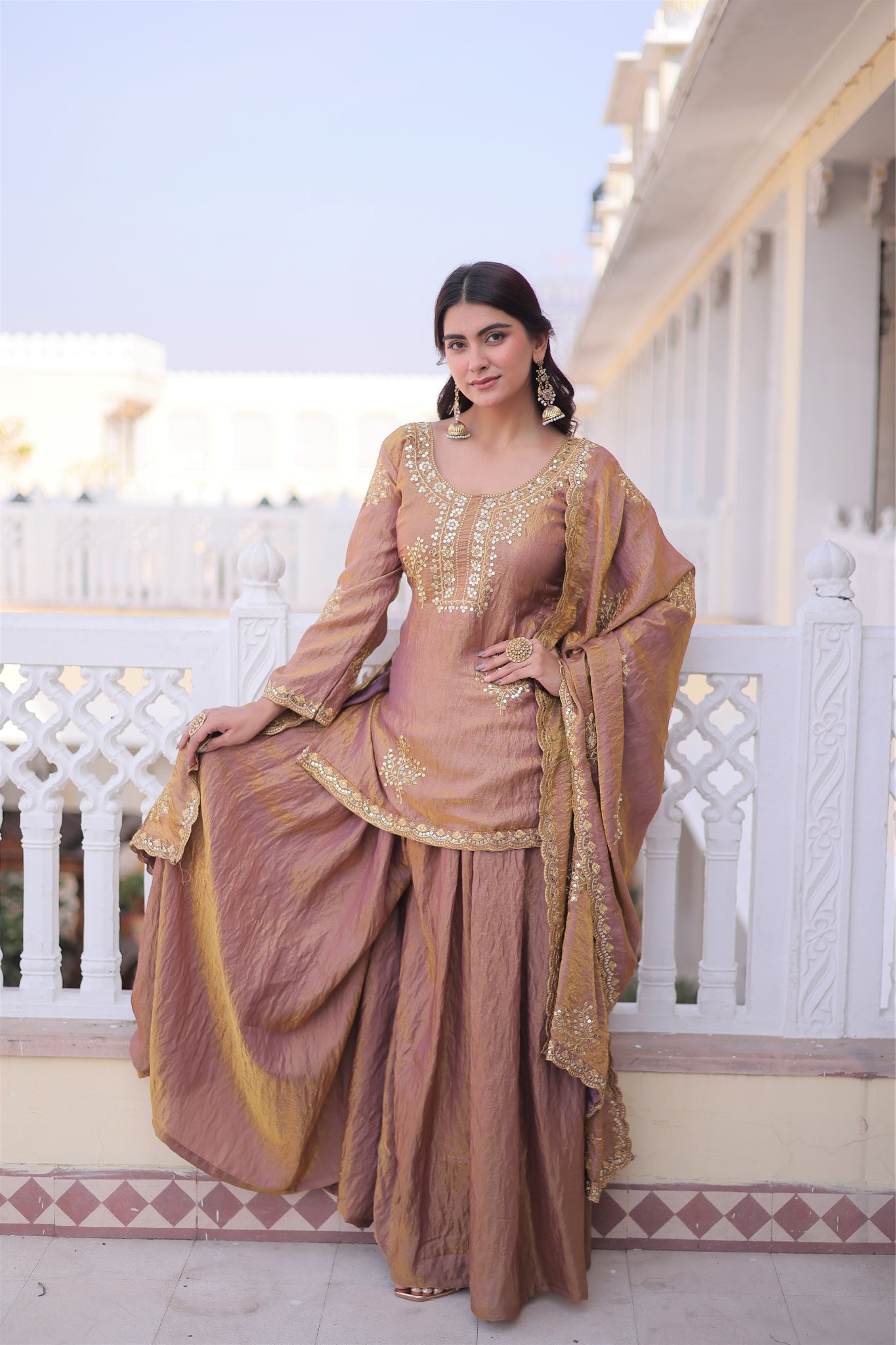 Fendi Crush Zari Sequins Embroidered Kurti Sharara Set With Designer Dupatta