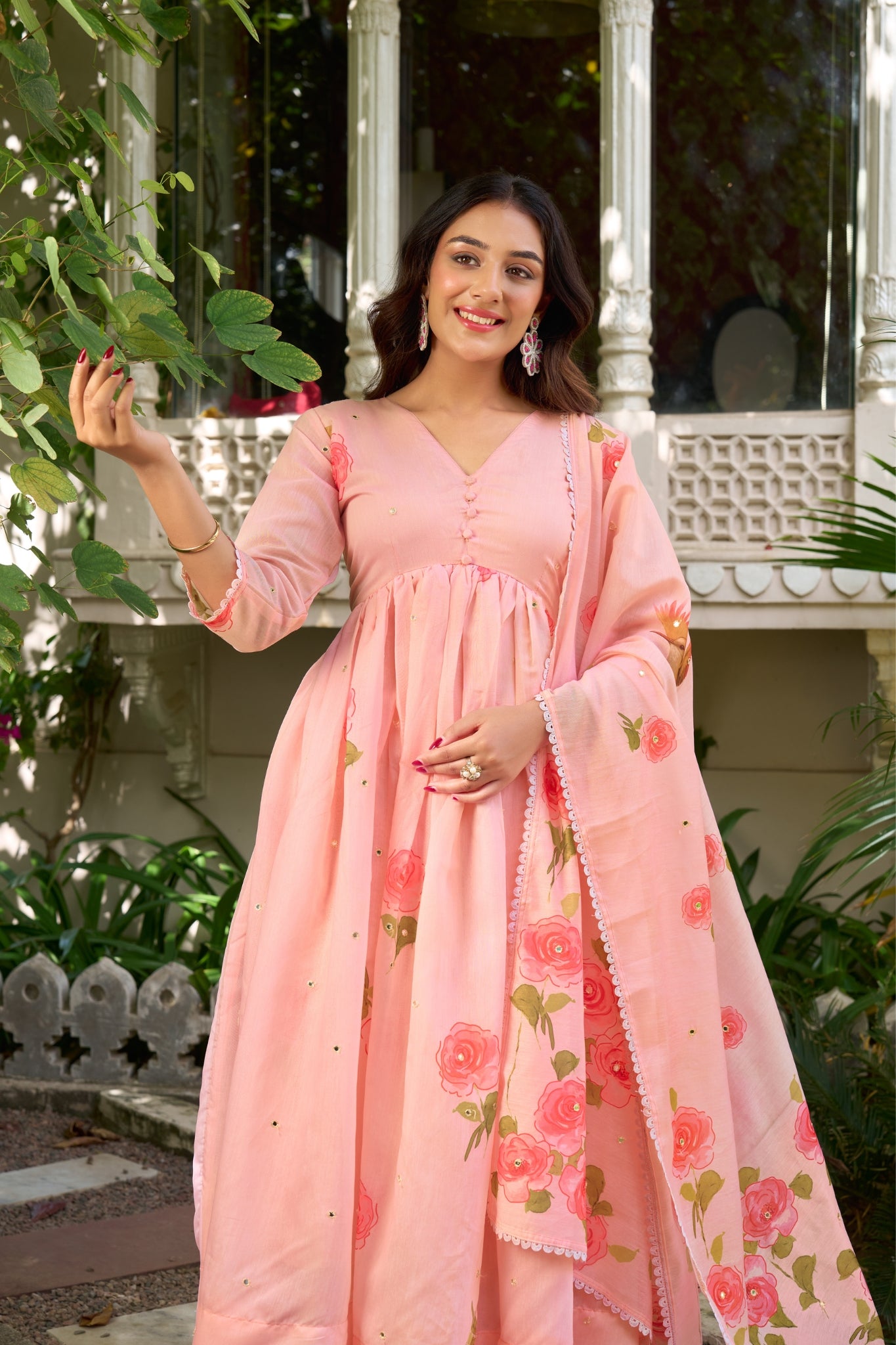 Pure Chanderi Floral Anarkali Suit Set With Palazzo Dupatta For Women