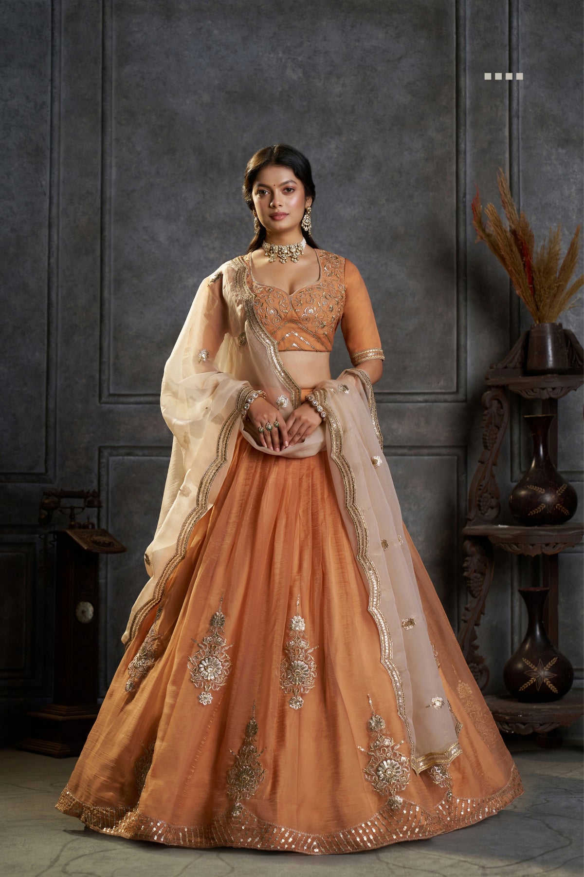 Rust Orange Pure Organza Embroidered Designer Lehenga Choli