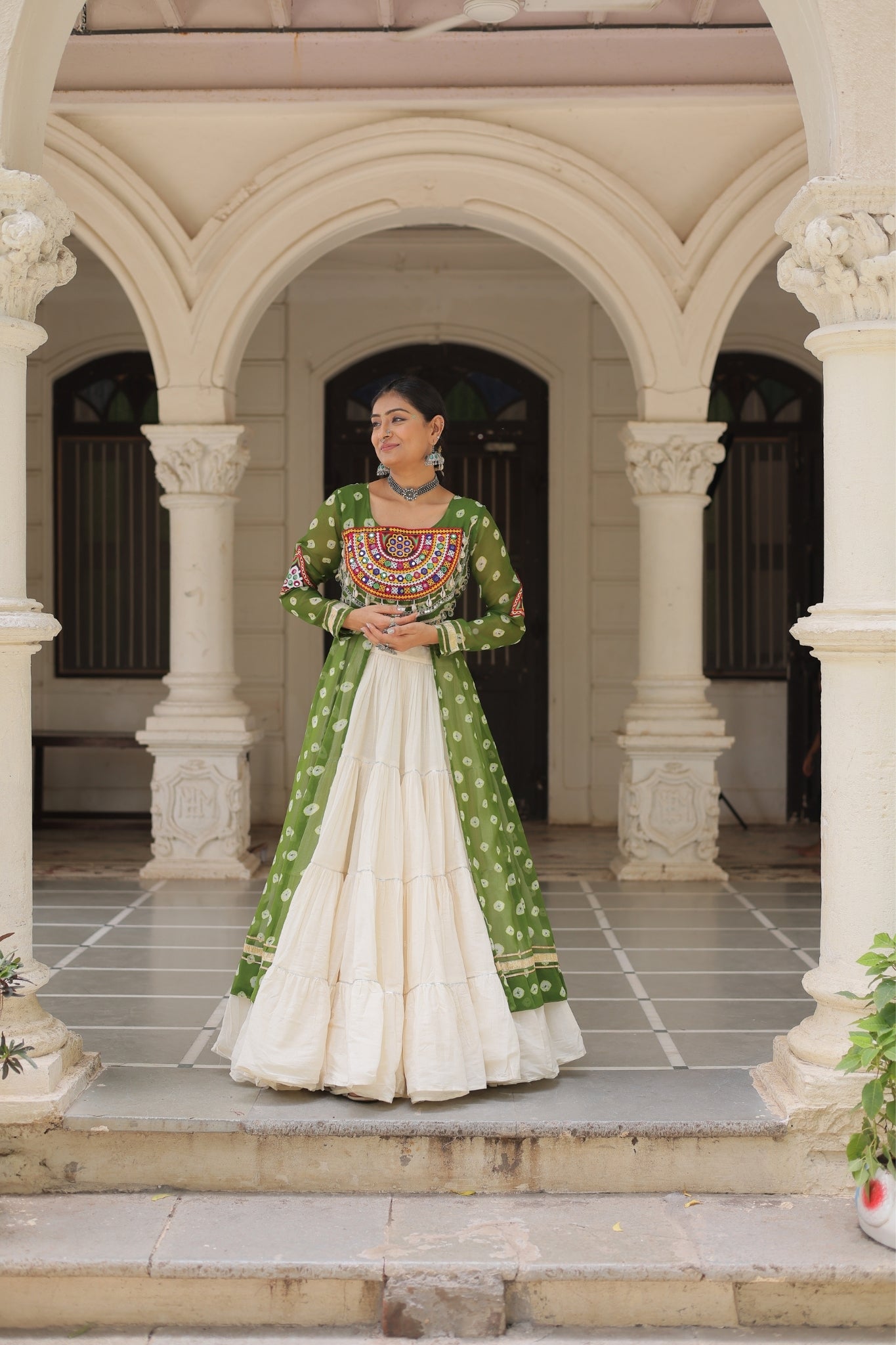 Kora Cotton Stylish Frill Stitching Beautiful Navratri Lehenga With Bandhani Printed Kurti