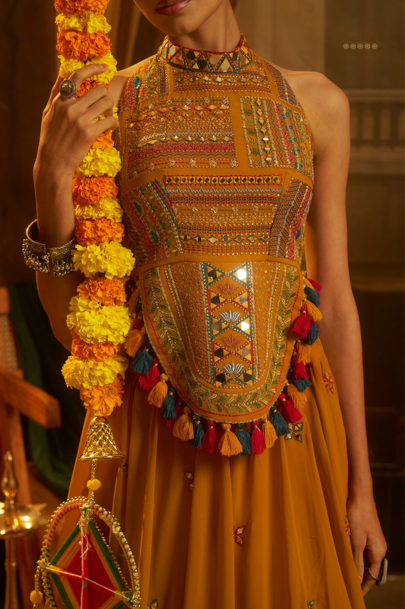 Raasrang Mustard Yellow Georgette Designer Lehenga Choli With Mirror Work Halter Blouse