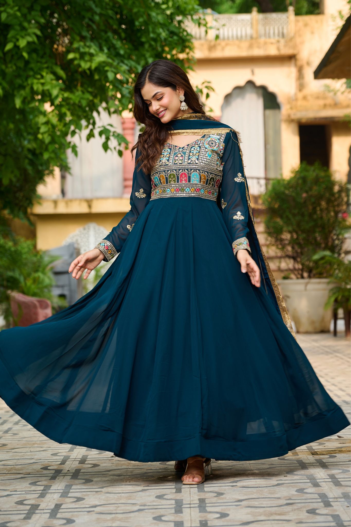 Ethnic Stylish Crafted Multi Thread Embroidered Work Gown With Dupatta Set