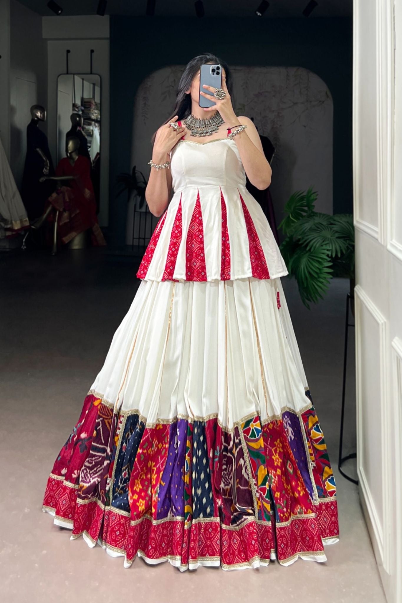 Traditional Designer Bandhej Printed With Multi Patch Work Navratri Lehenga Choli