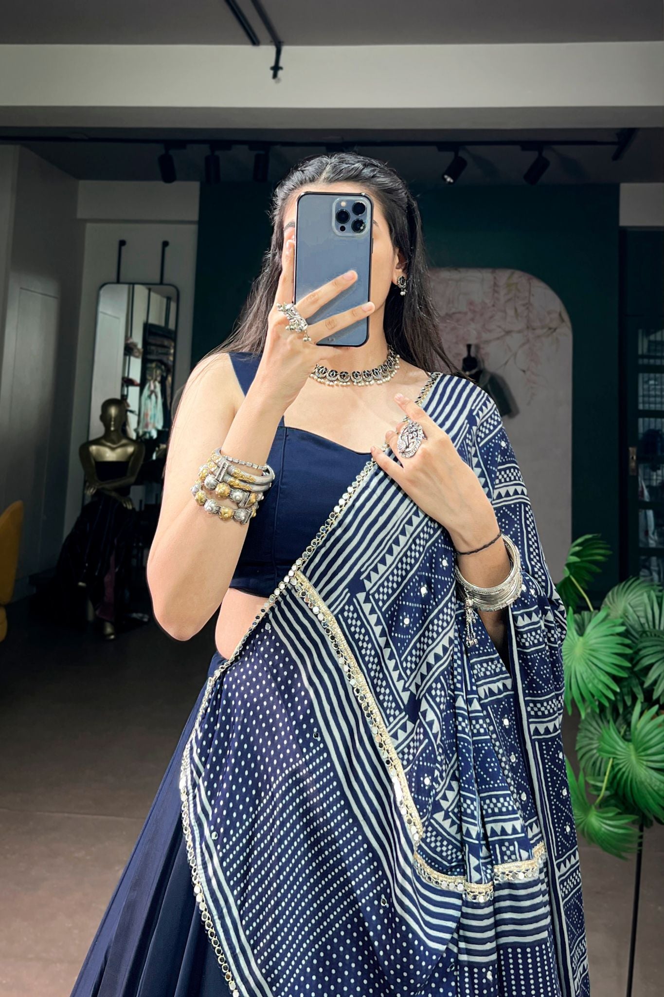 Navy Blue Navratri Designer Lehenga Choli With Printed Satin Dupatta