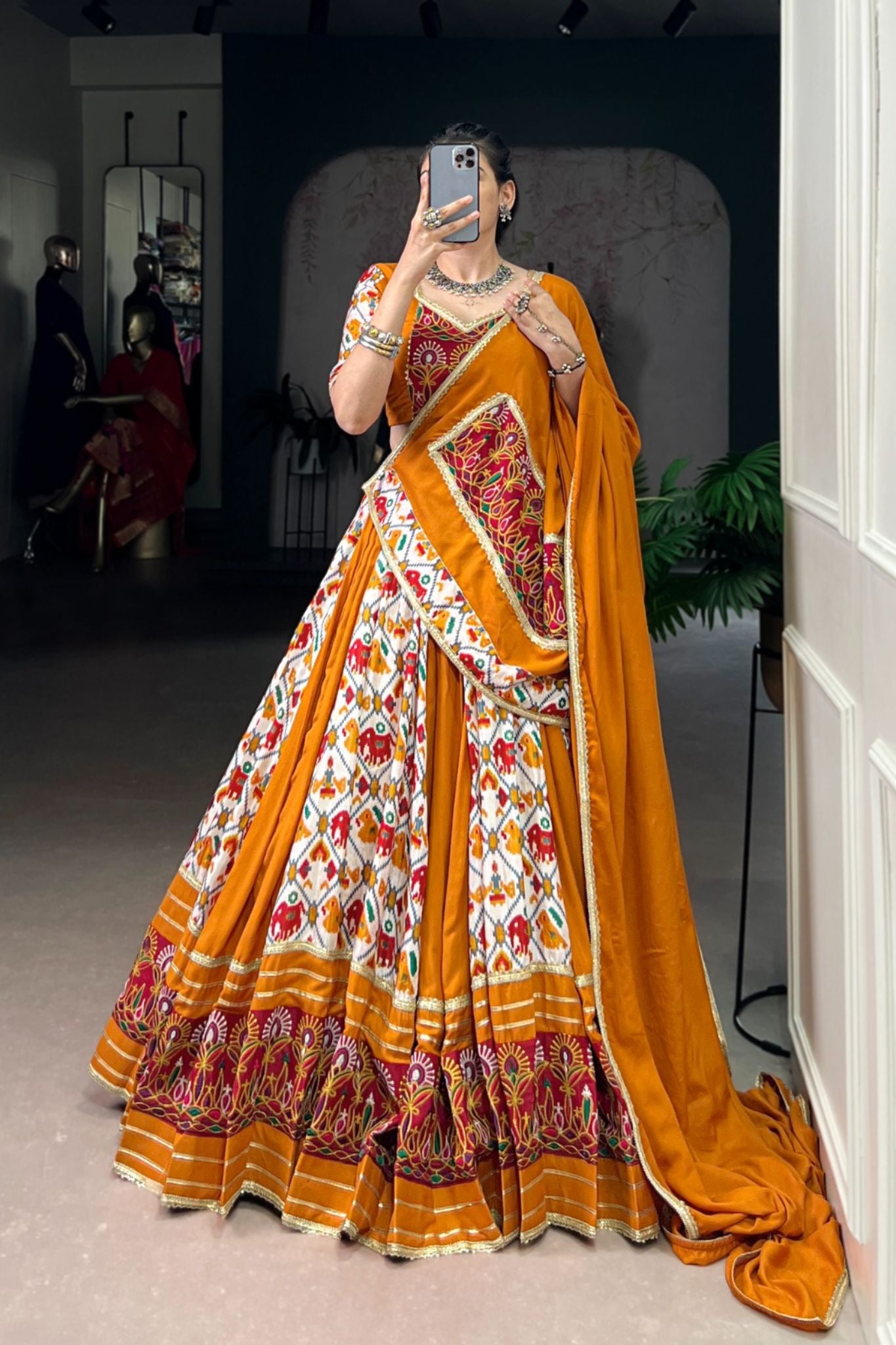 Mustard Rayon With Patola Print Silk Designer Gamthi Work Classic Lehenga Choli
