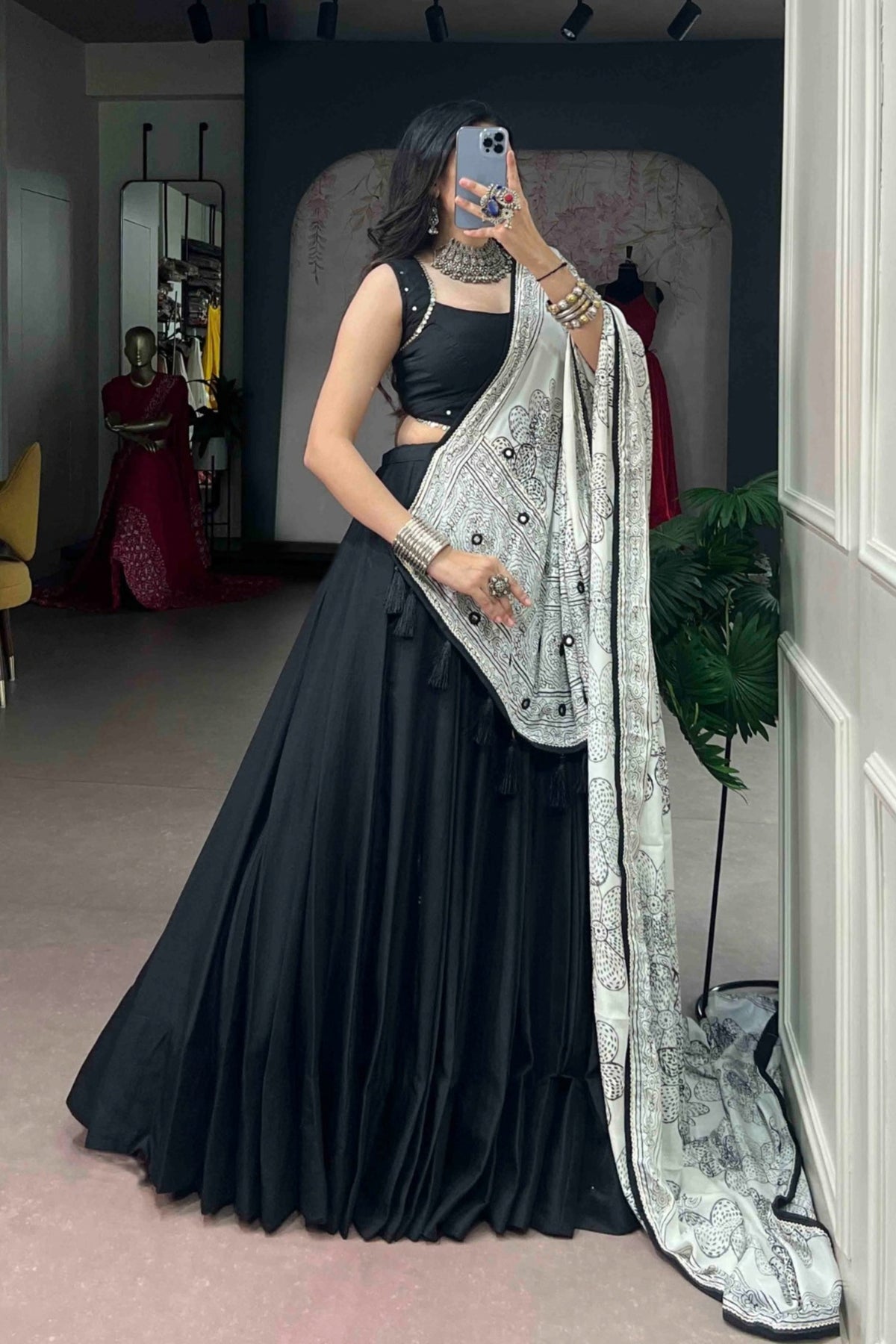 Designer Satin Silk Lehenga Choli With Floral Printed mirror Work Detailing Dupatta