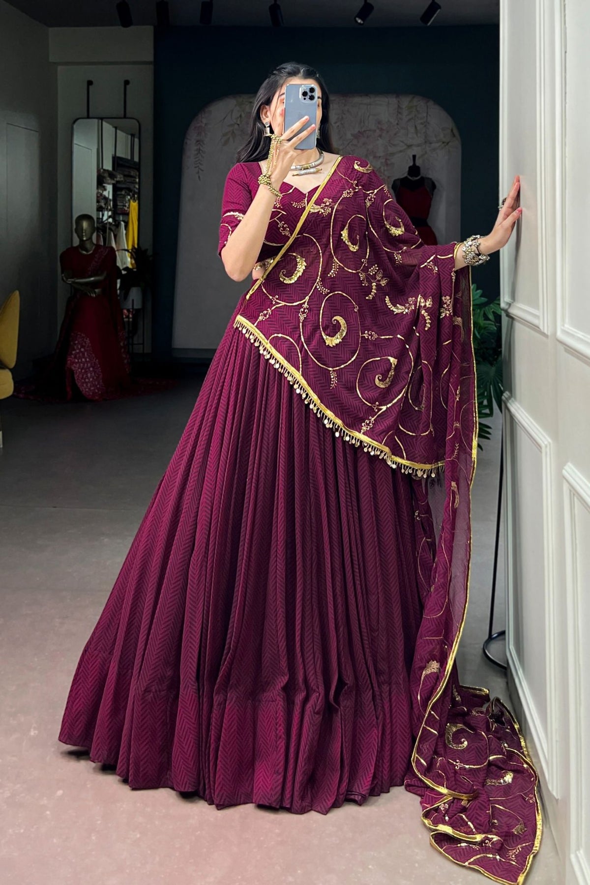 Wine Lightweight Designer Sequins Thread Embroidery Work Garba Lehenga Choli