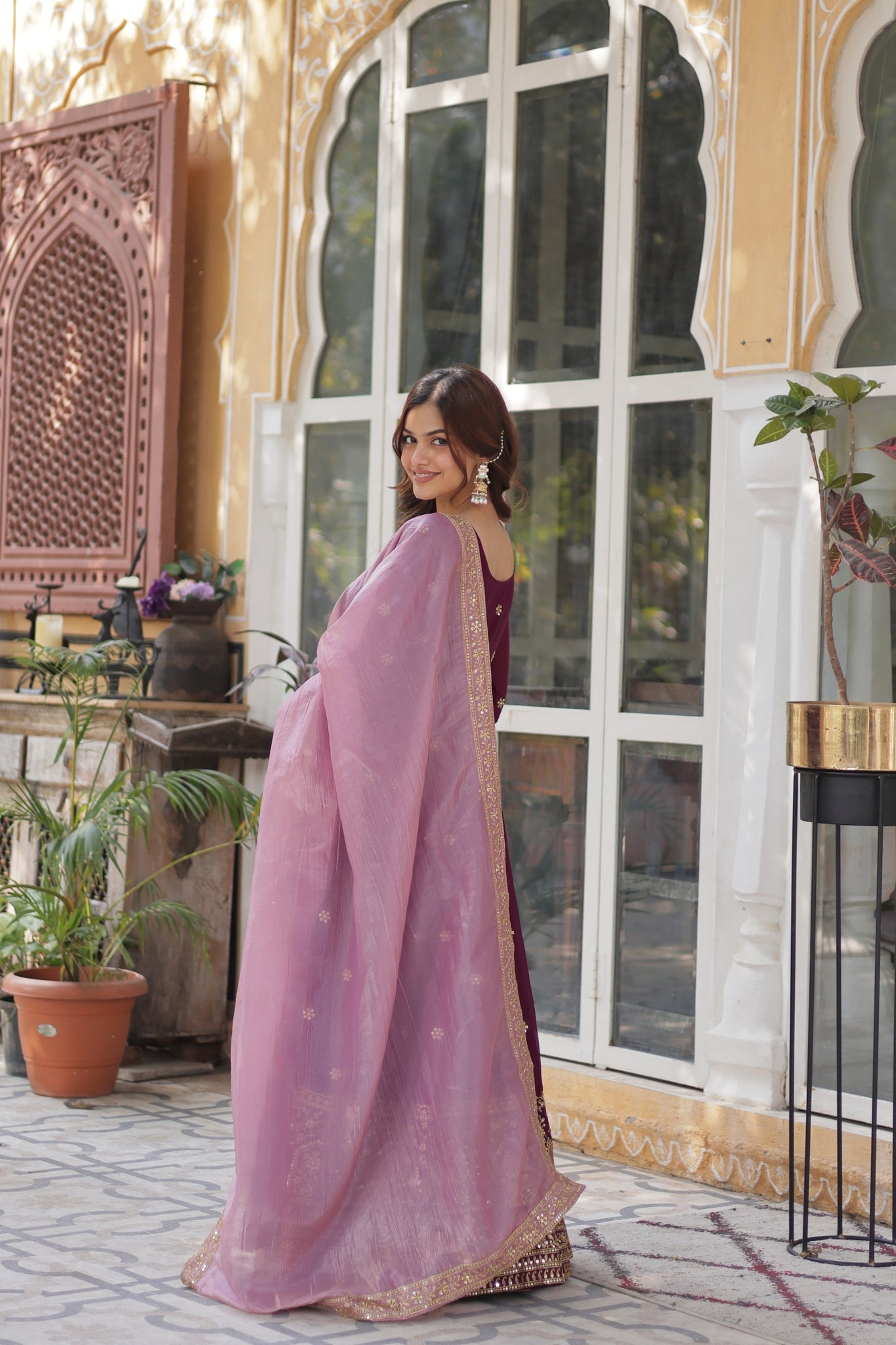 Plum Embroidered Georgette Anarkali Set