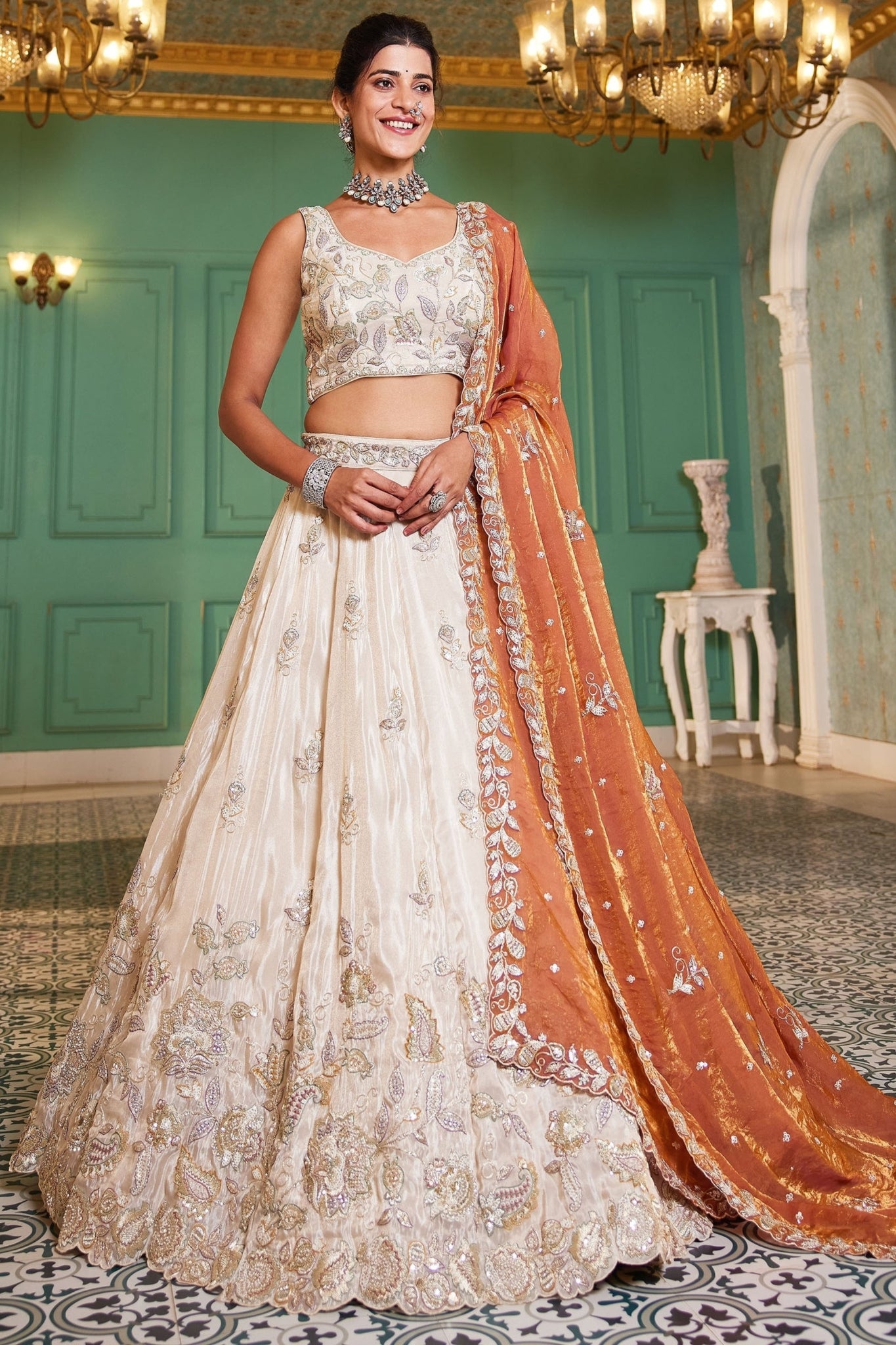 Premium Pure Tissue Ivory Orange Designer Lehenga Choli For Wedding & Festive Wear