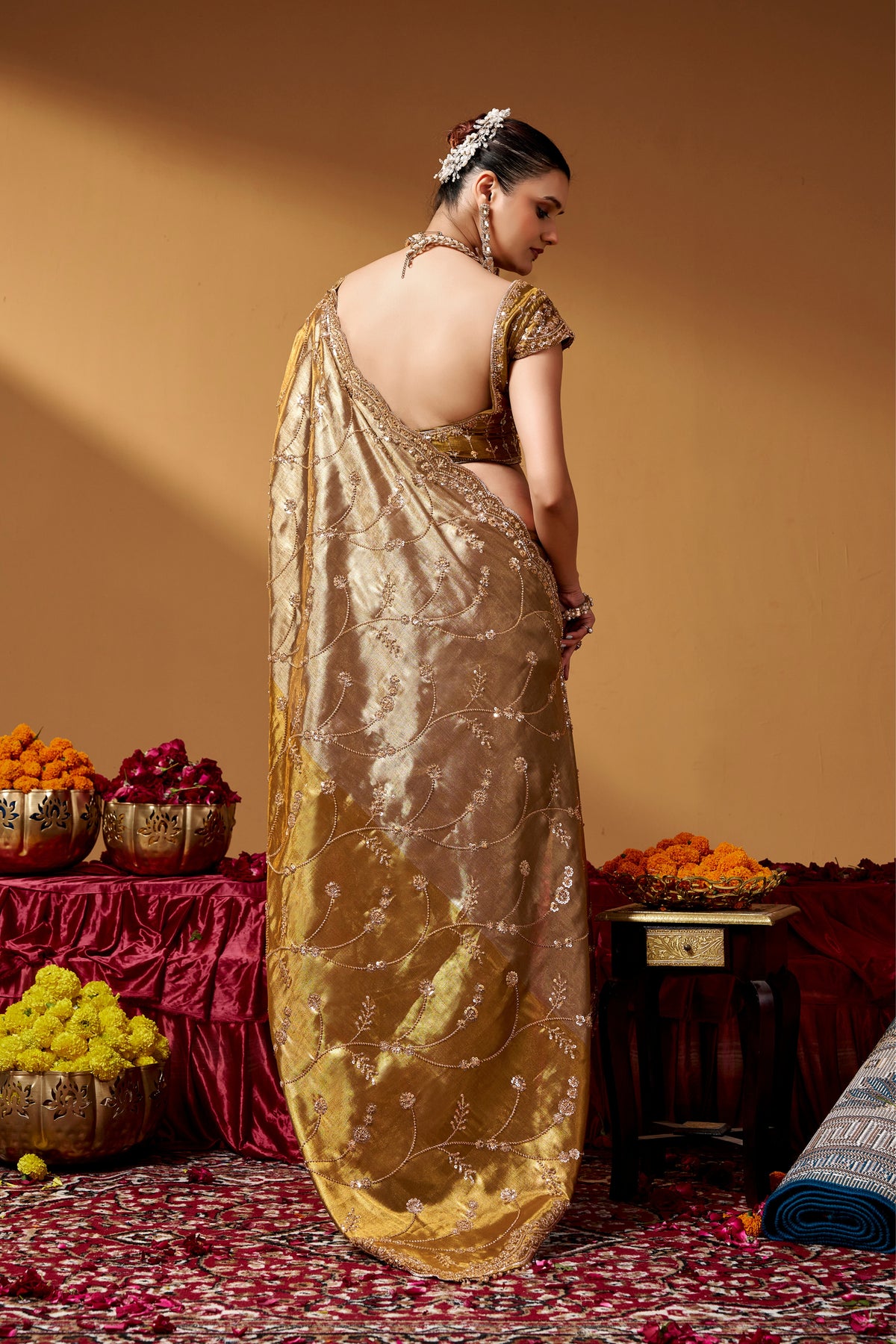 Kanjivaram Zari Tissue Designer Hand Embroider And Tube Beads Wedding Saree