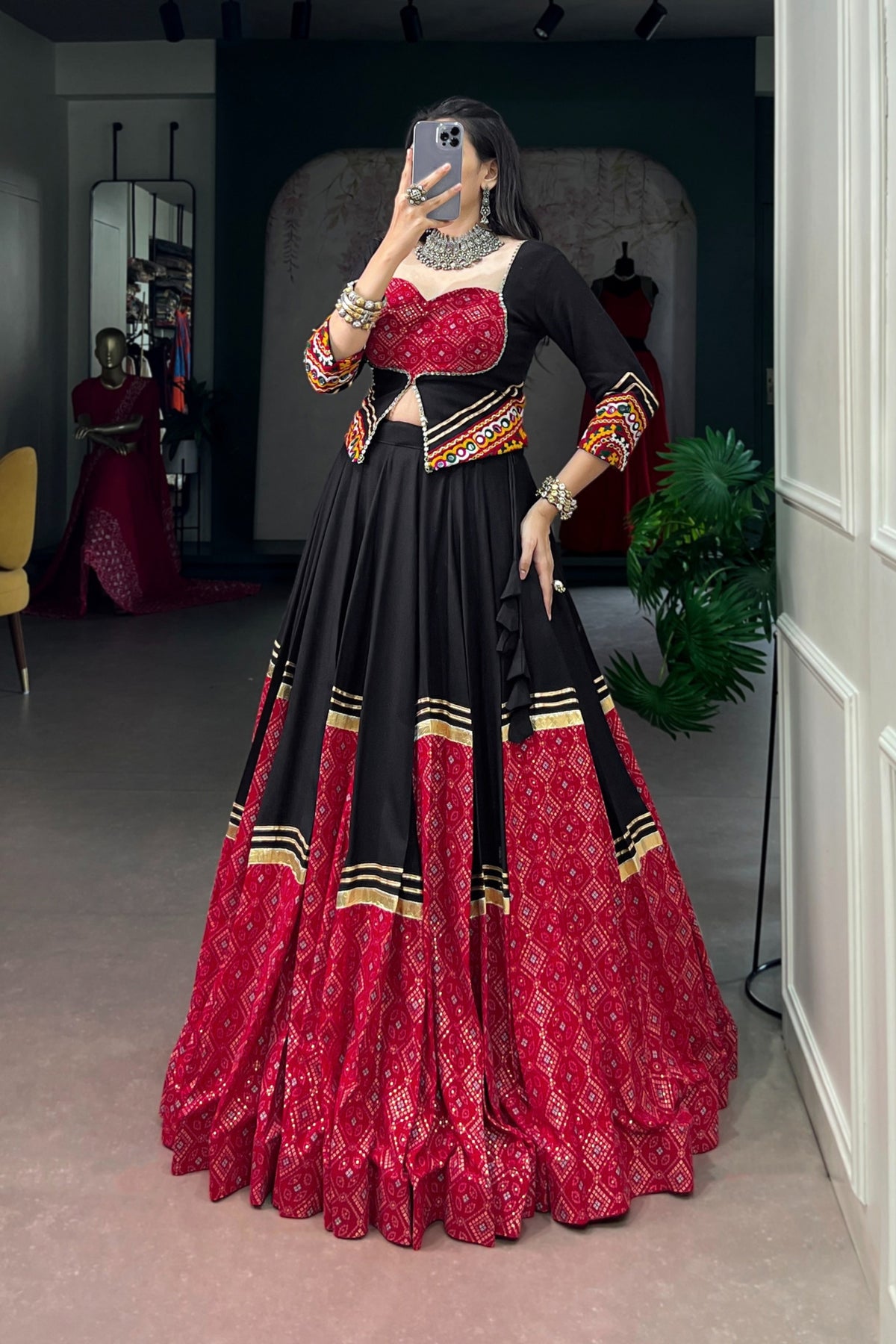 Rayon Navratri Bandhej Print Designer Gamthi Work Lehenga Choli