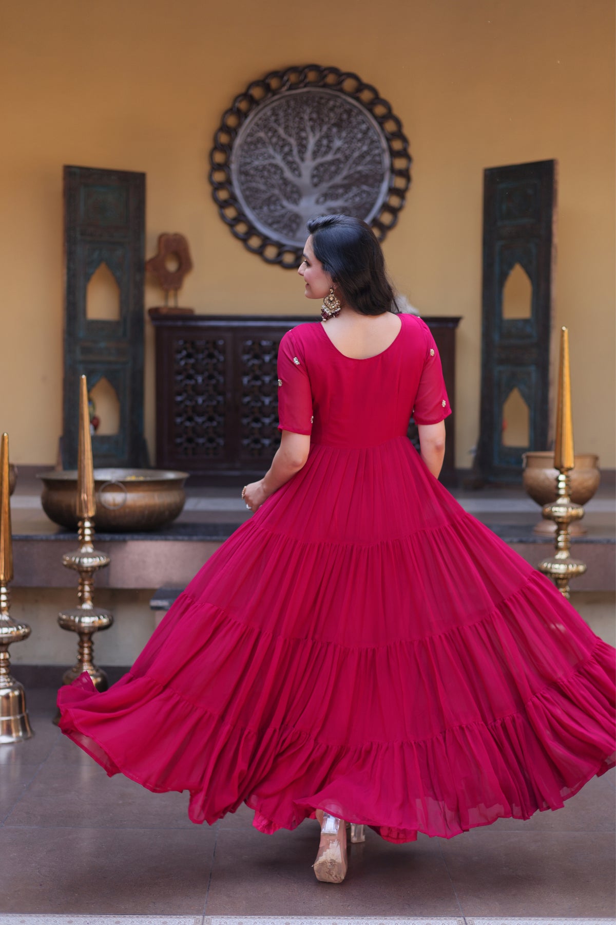 Rani Pink & Red Faux Blooming Designer Sequins Embroidered Tiered Flared Anarkali Gown