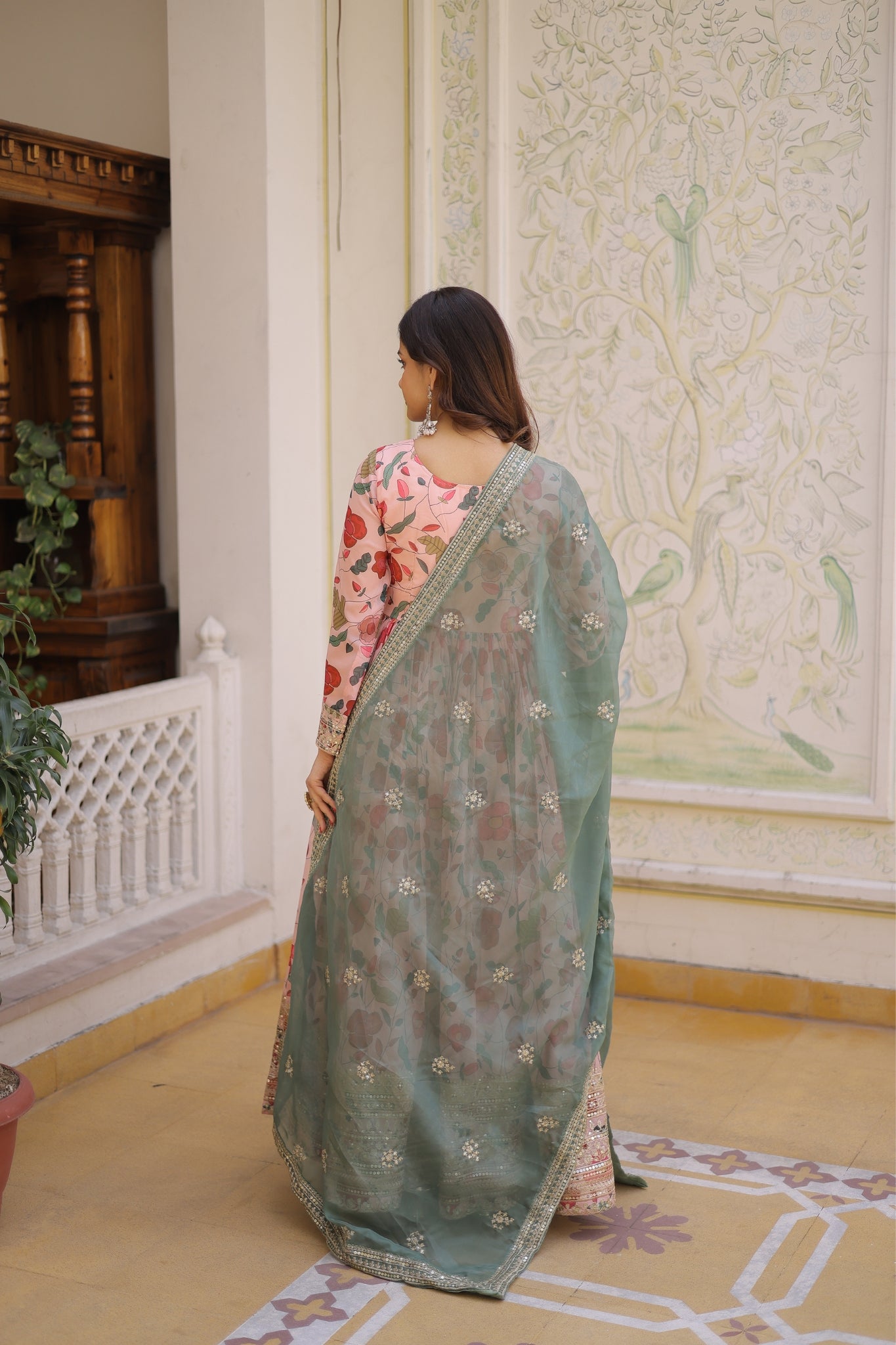 Designer Zari Sequins Embroidery With Printed Russian Silk Anarkali Suit